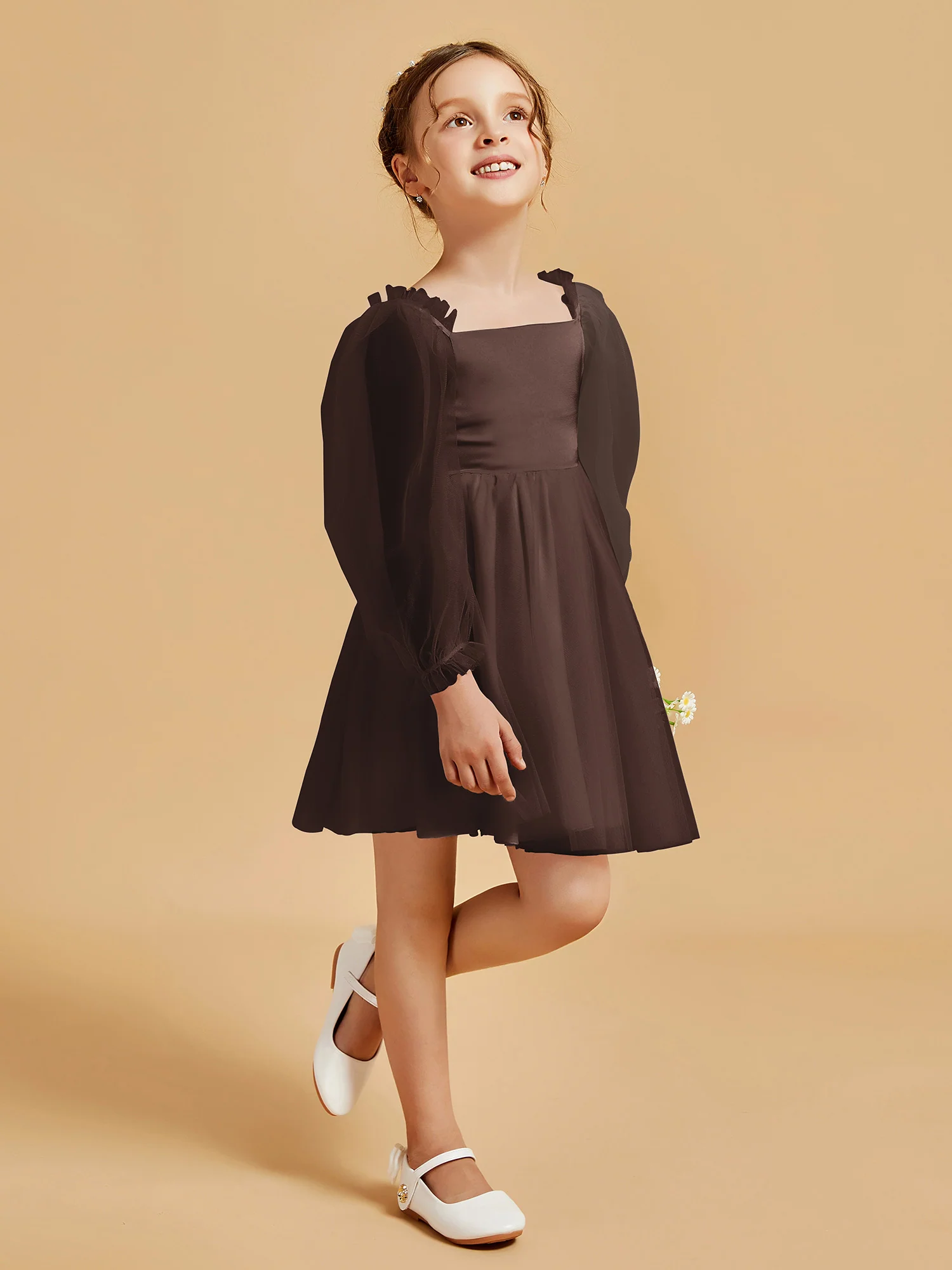 Square Neck Long Sleeve Girl's Short Dress Chocolate - Image 3