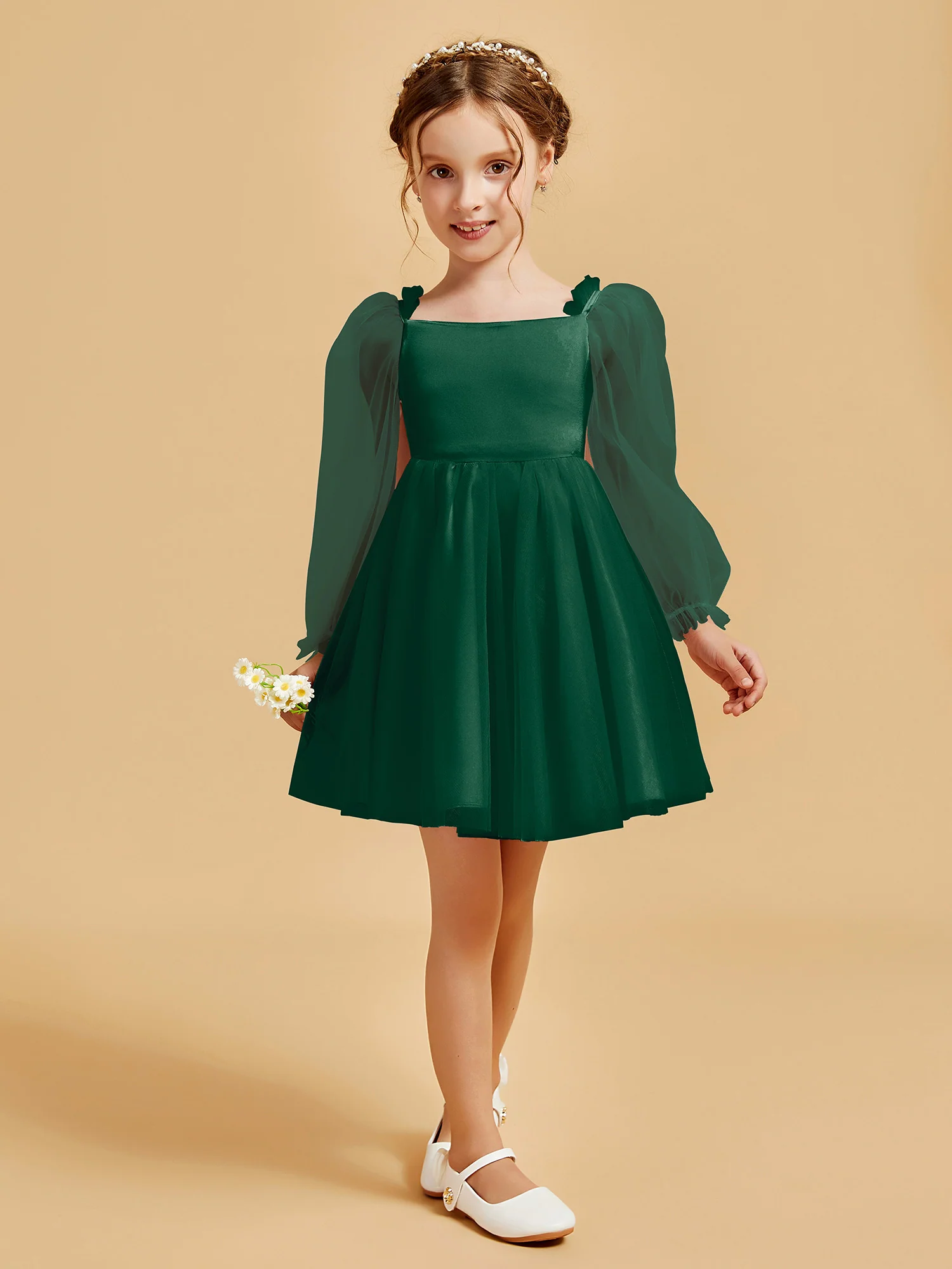 Square Neck Long Sleeve Girl's Short Dress Dark Green