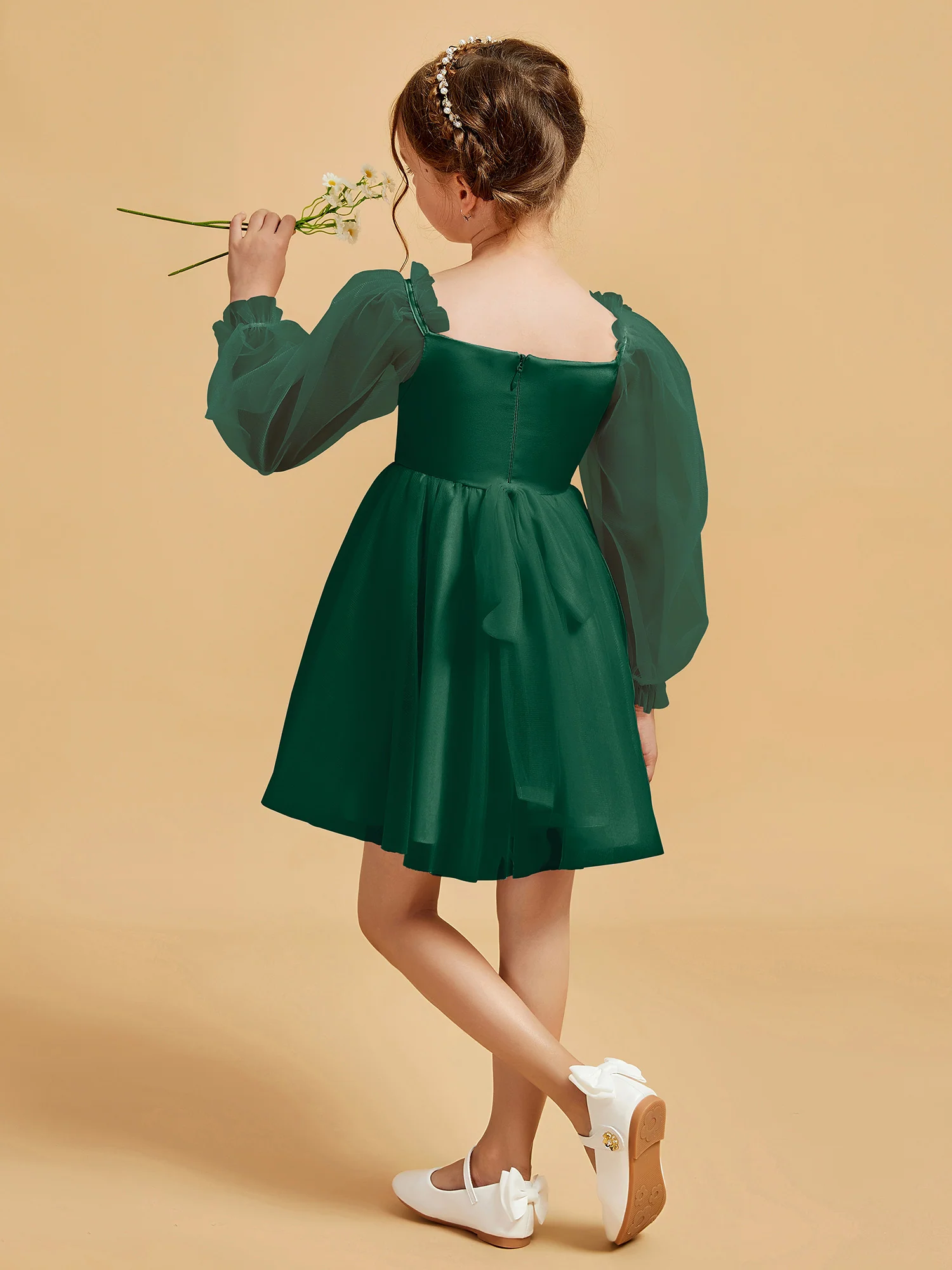 Square Neck Long Sleeve Girl's Short Dress Dark Green - Image 2