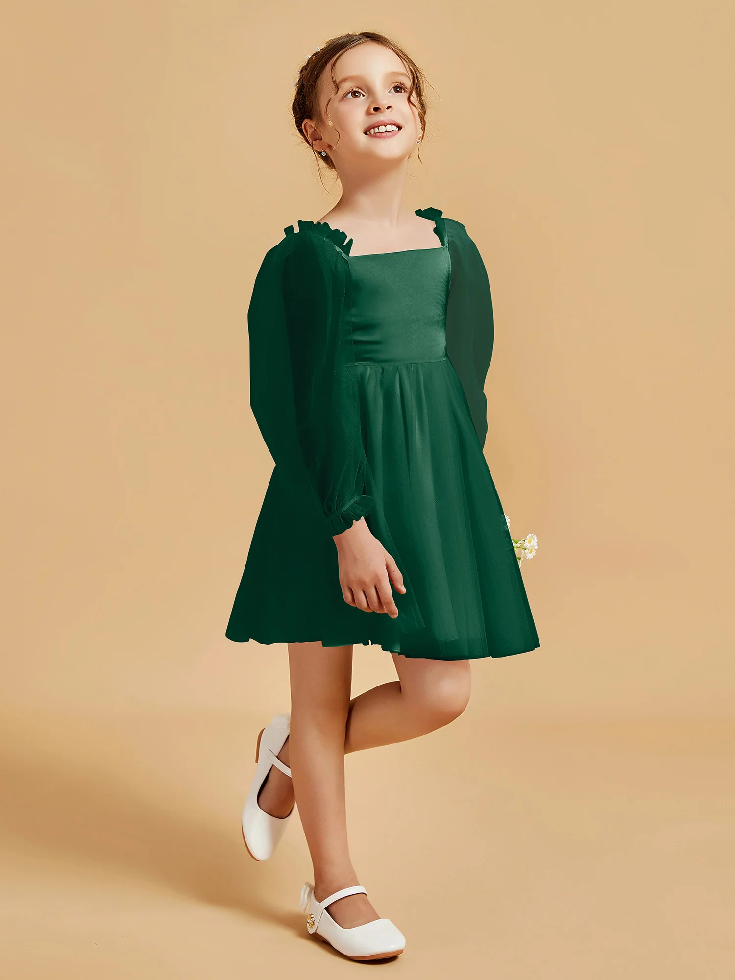 Square Neck Long Sleeve Girl's Short Dress Dark Green - Image 3