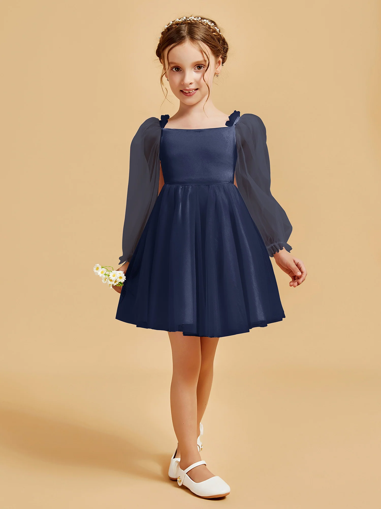 Square Neck Long Sleeve Girl's Short Dress Dark Navy