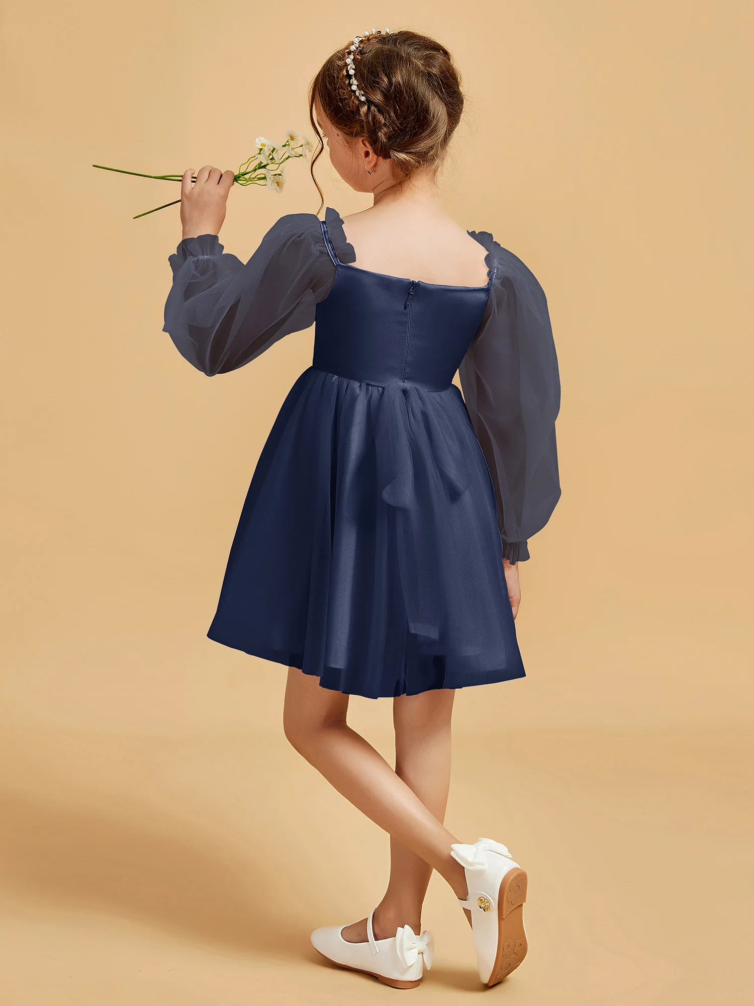 Square Neck Long Sleeve Girl's Short Dress Dark Navy - Image 2