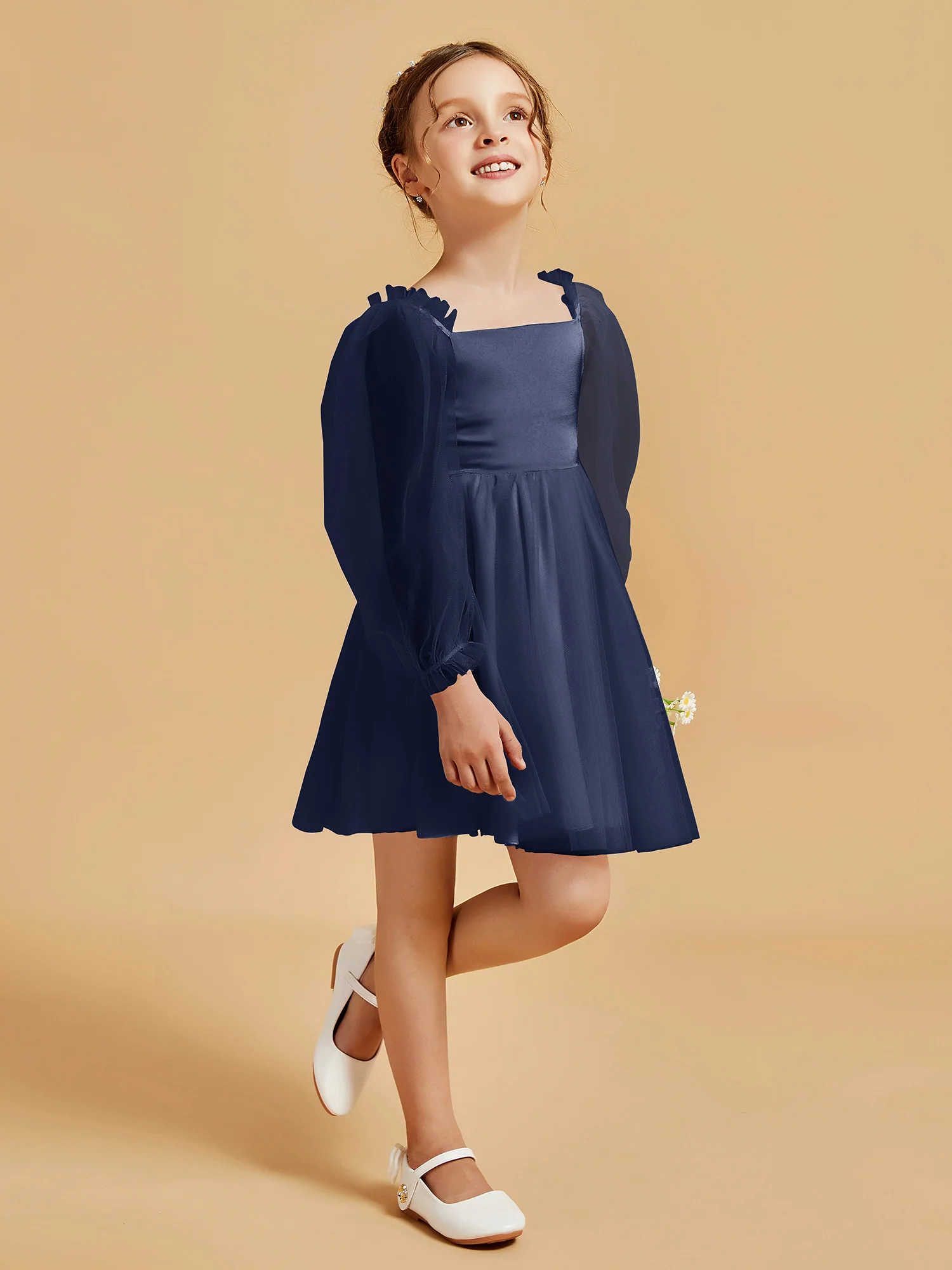 Square Neck Long Sleeve Girl's Short Dress Dark Navy - Image 3