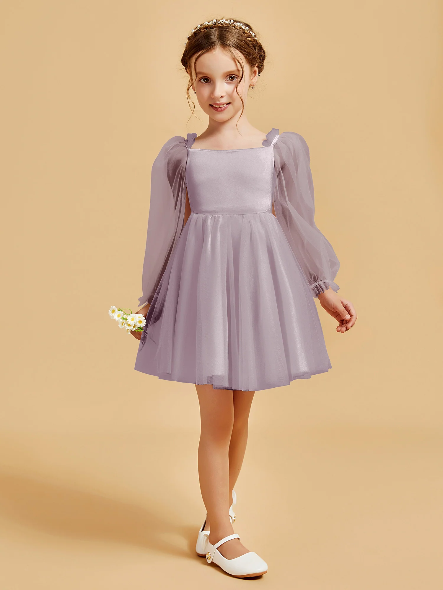 Square Neck Long Sleeve Girl's Short Dress Dusk