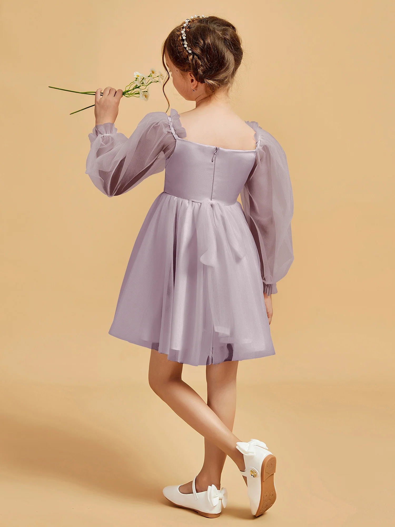 Square Neck Long Sleeve Girl's Short Dress Dusk - Image 2