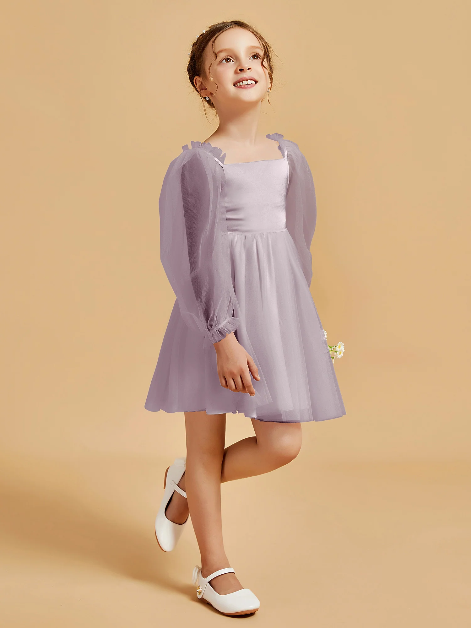 Square Neck Long Sleeve Girl's Short Dress Dusk - Image 3