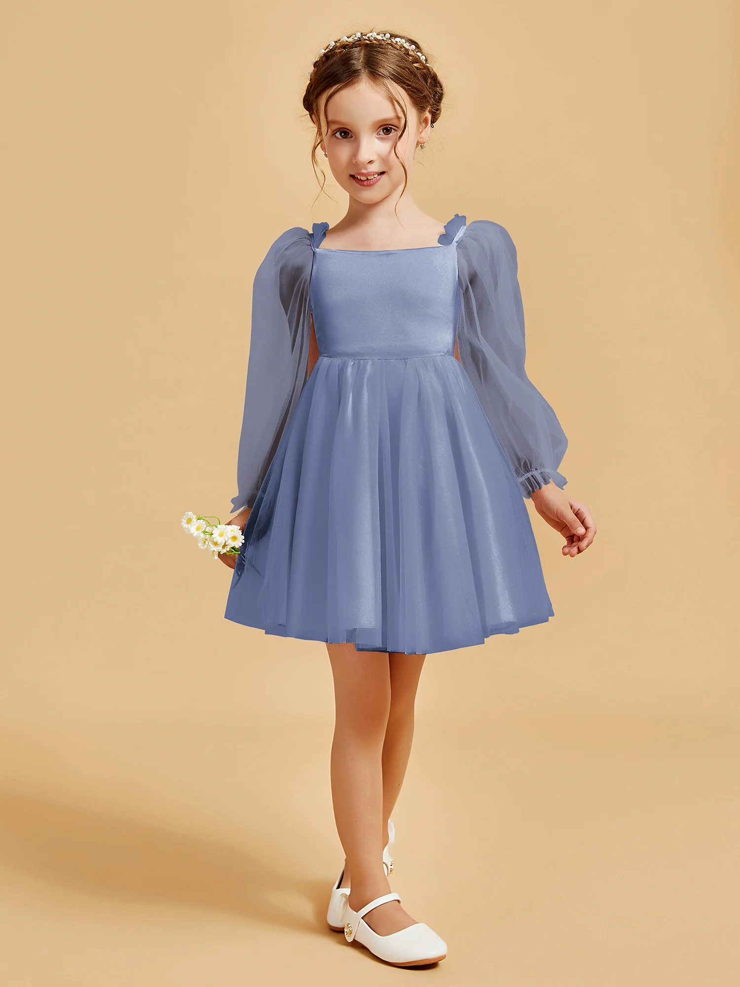 Square Neck Long Sleeve Girl's Short Dress Dusty Blue