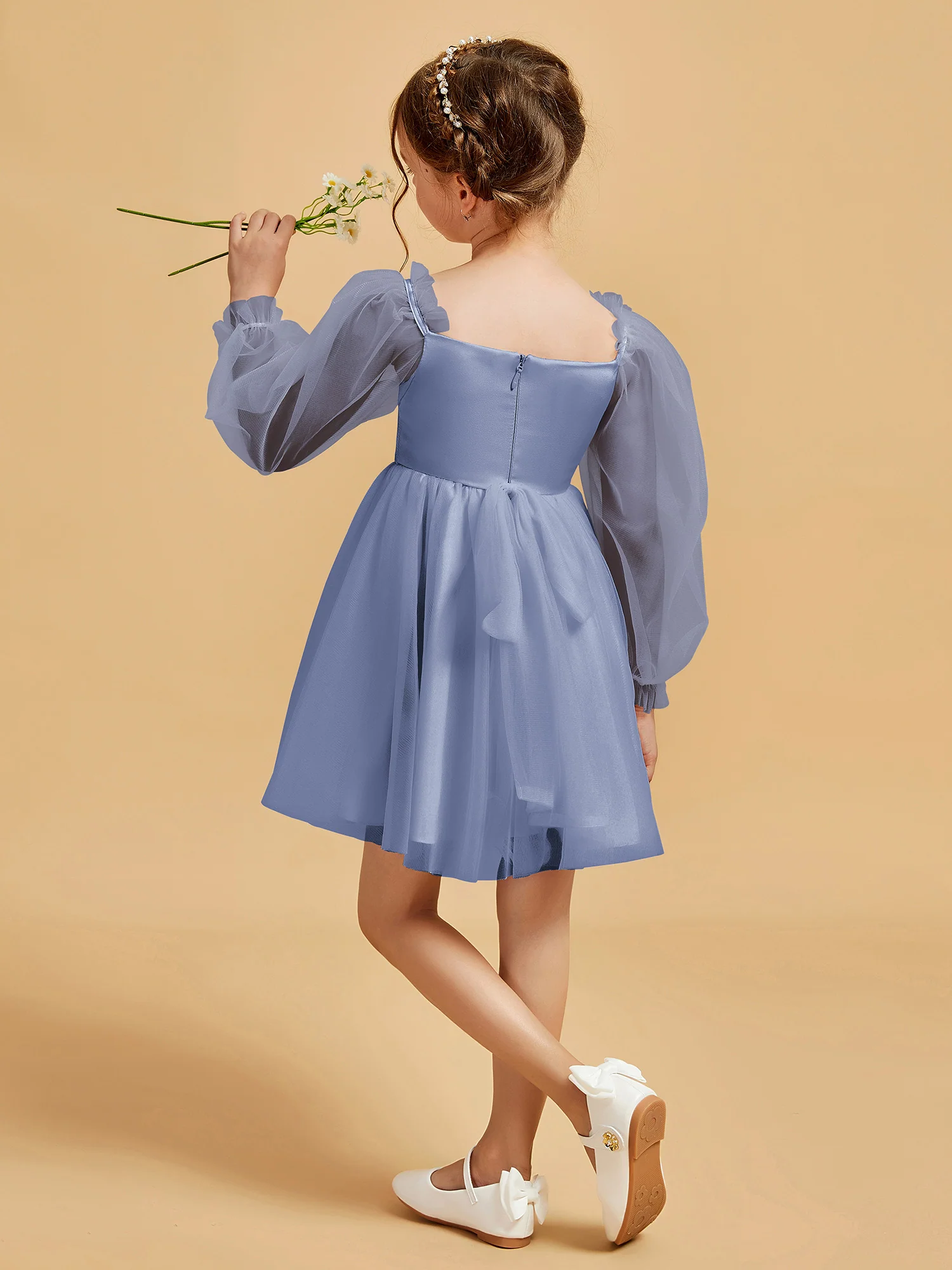 Square Neck Long Sleeve Girl's Short Dress Dusty Blue - Image 2