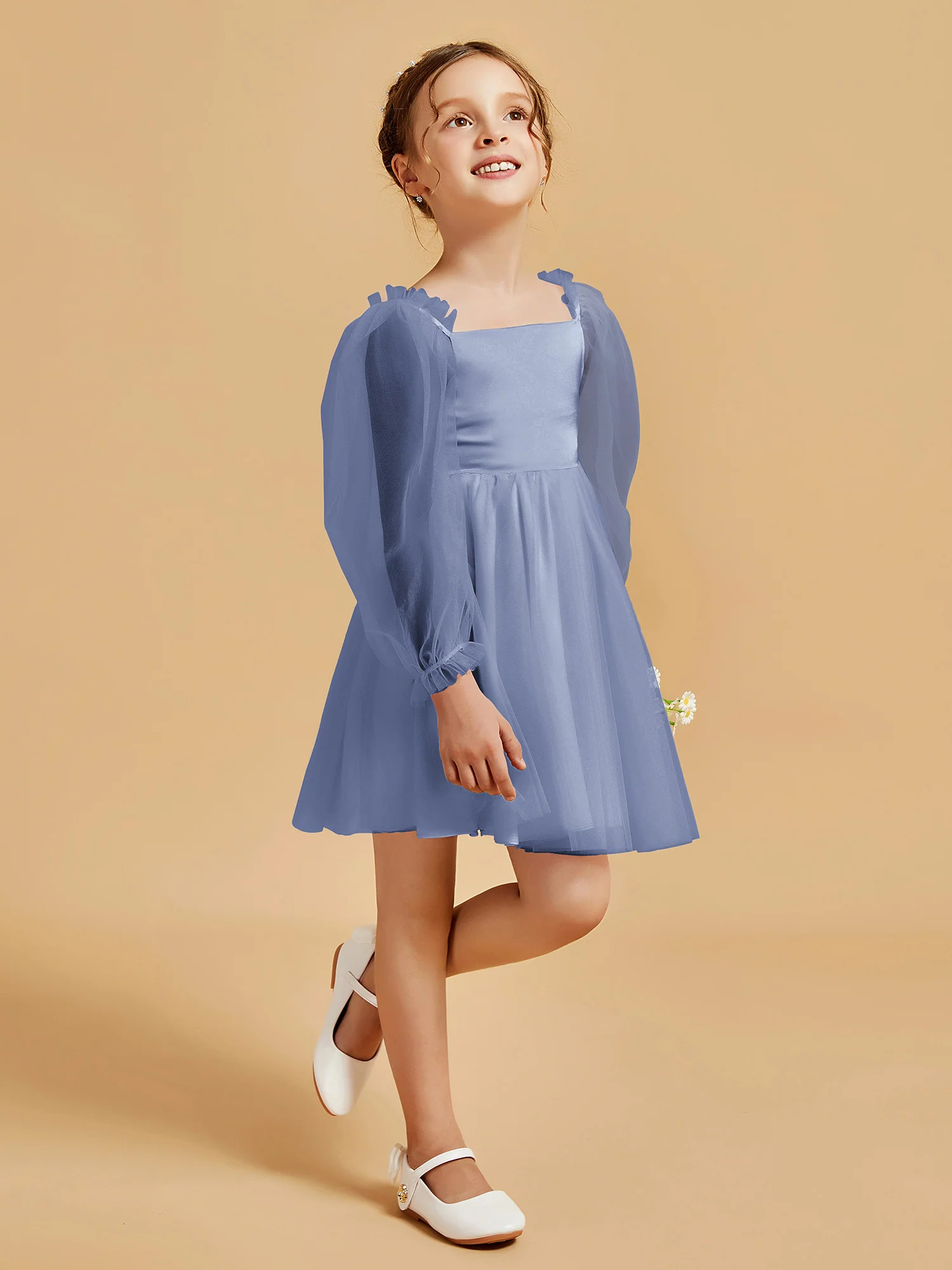 Square Neck Long Sleeve Girl's Short Dress Dusty Blue - Image 3