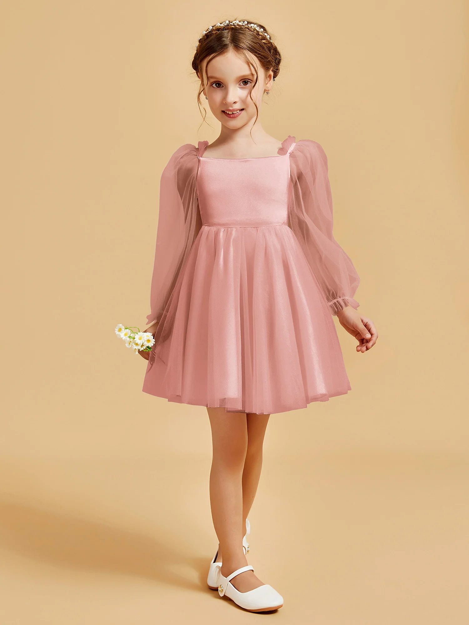 Square Neck Long Sleeve Girl's Short Dress Dusty Rose