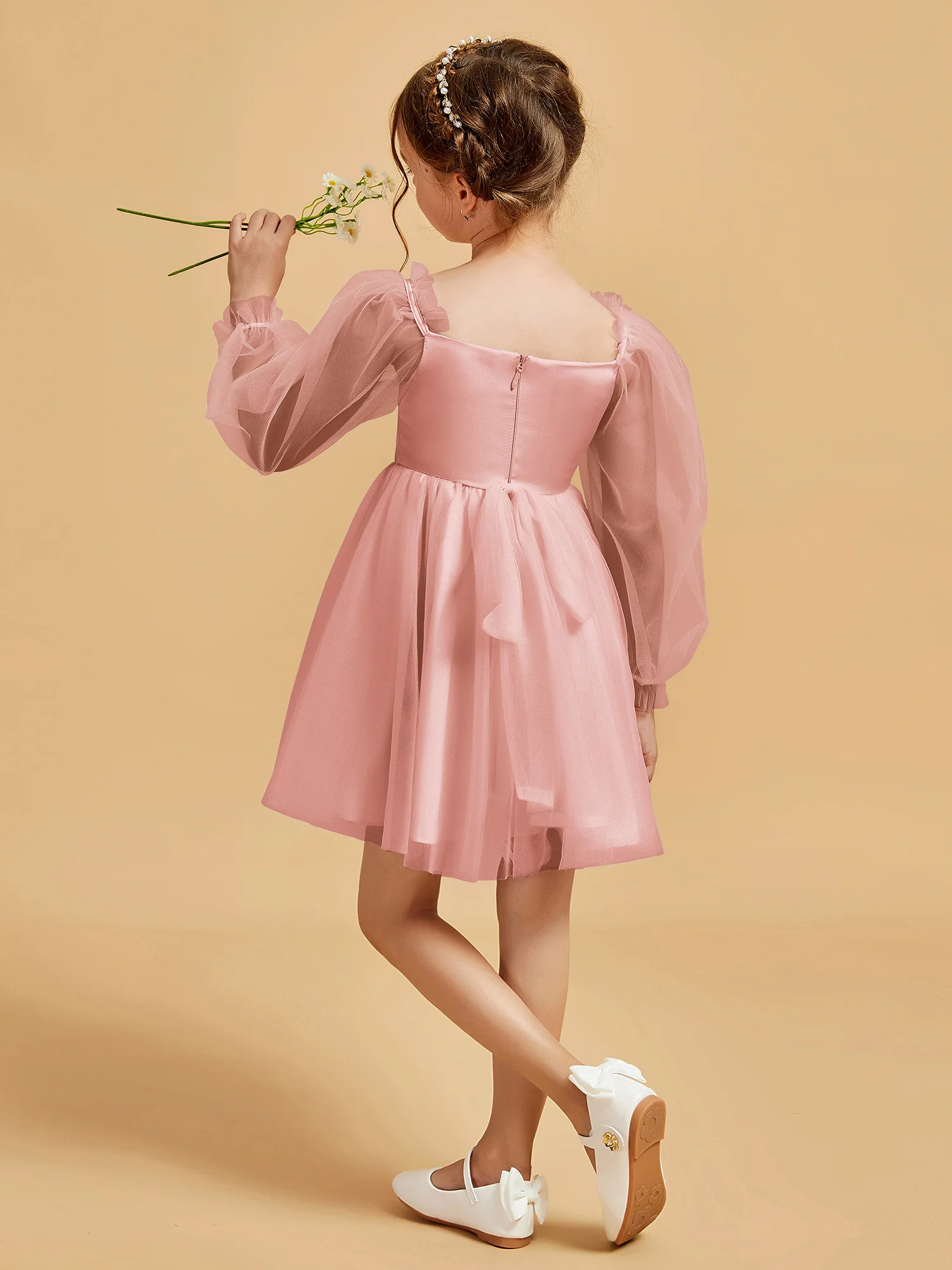 Square Neck Long Sleeve Girl's Short Dress Dusty Rose - Image 2