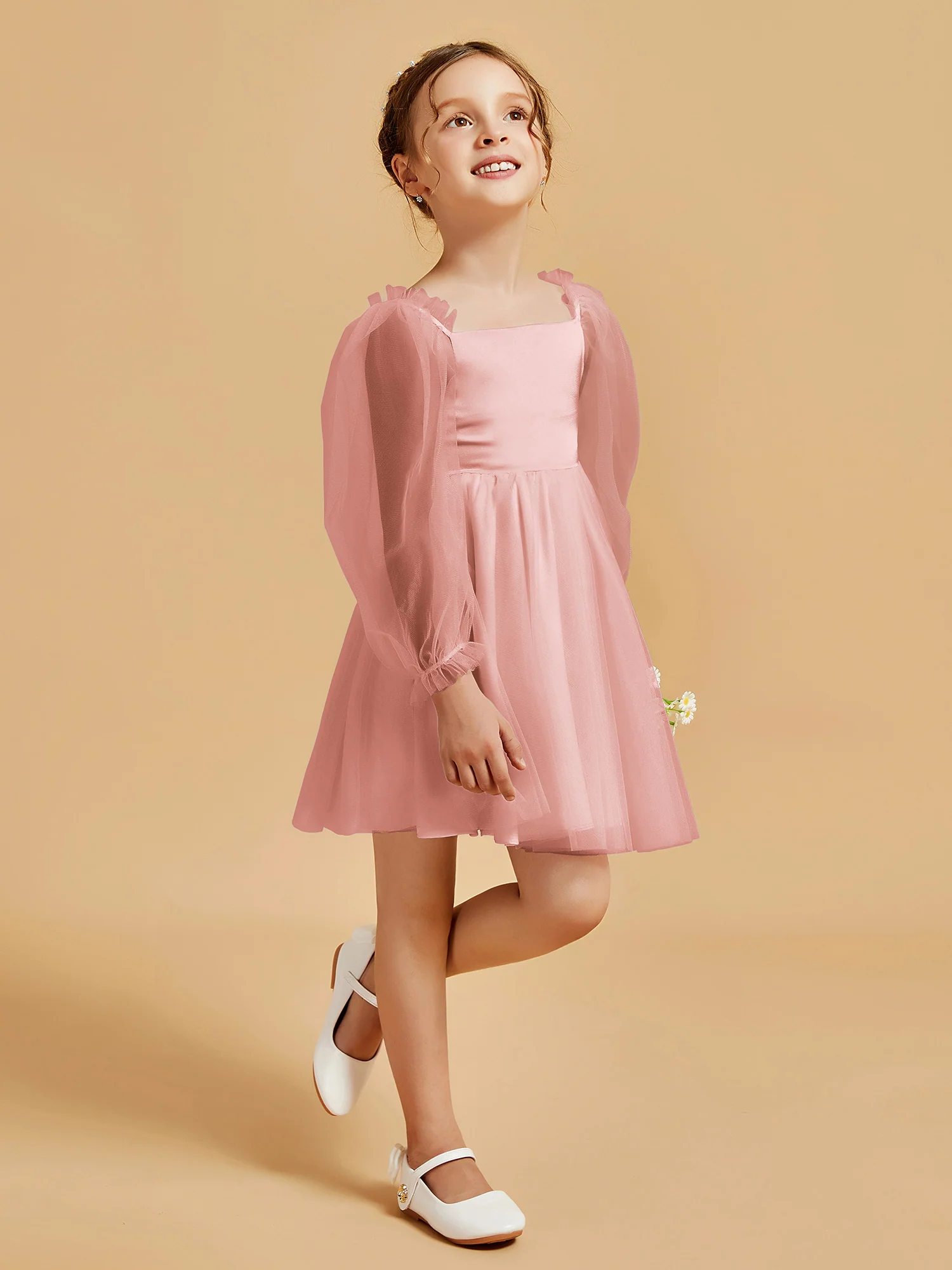Square Neck Long Sleeve Girl's Short Dress Dusty Rose - Image 3