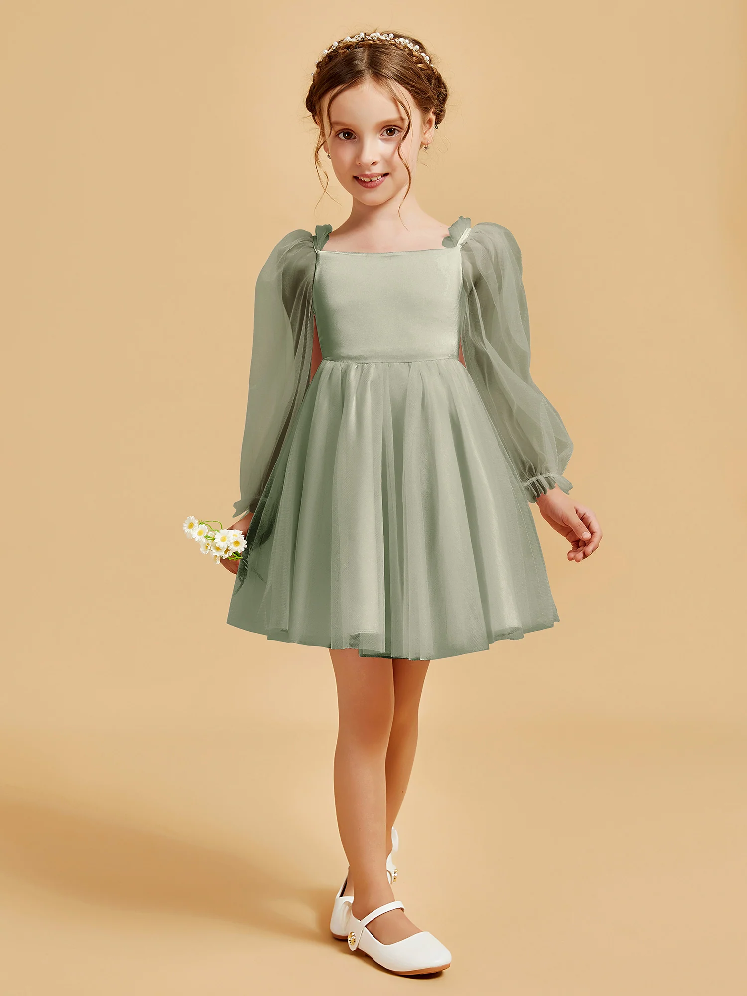 Square Neck Long Sleeve Girl's Short Dress Dusty Sage