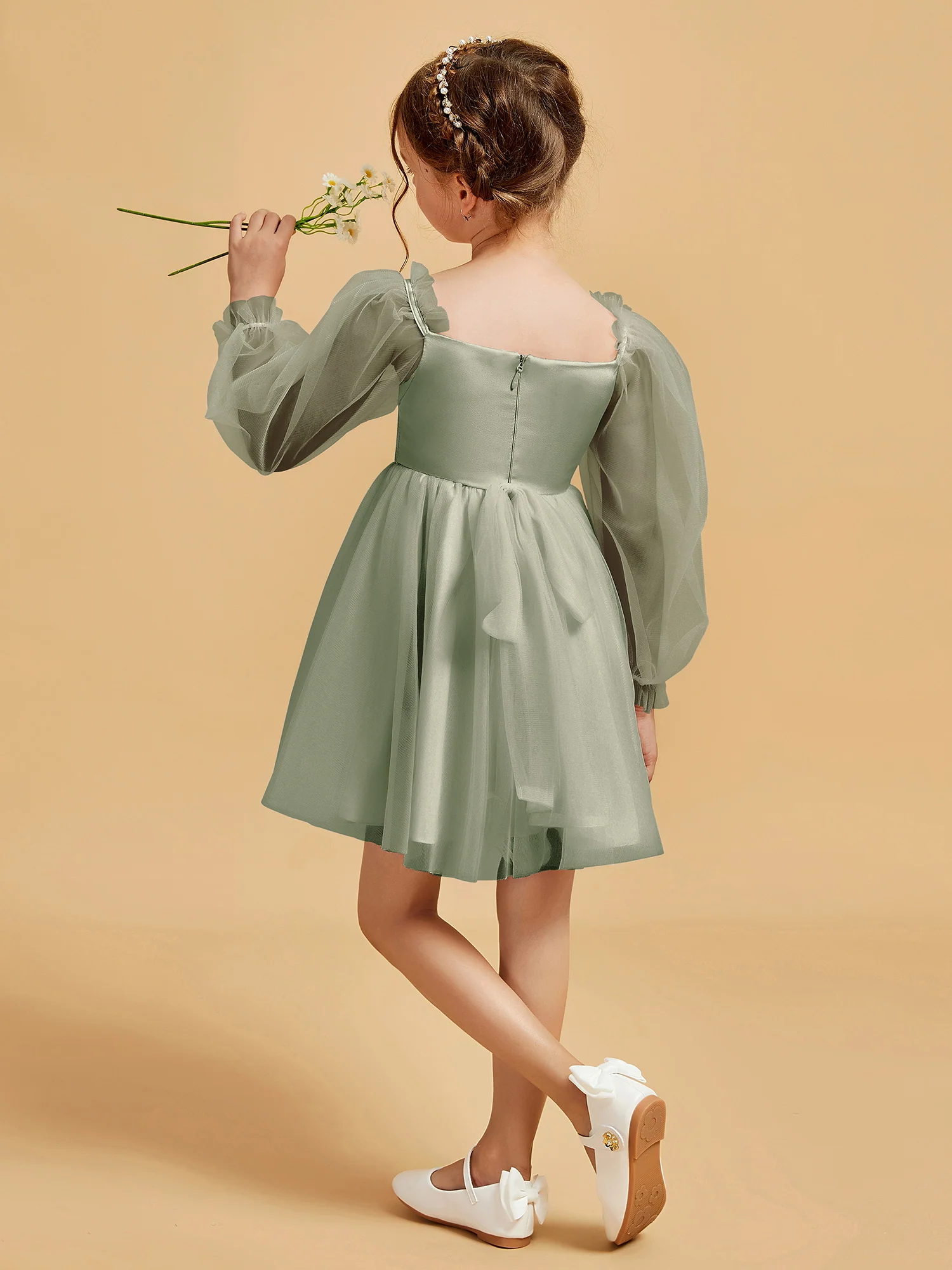 Square Neck Long Sleeve Girl's Short Dress Dusty Sage - Image 2