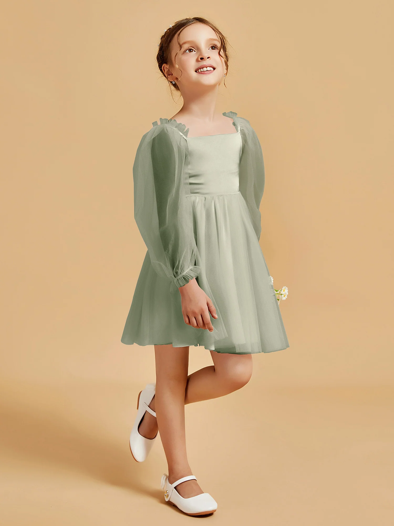 Square Neck Long Sleeve Girl's Short Dress Dusty Sage - Image 3