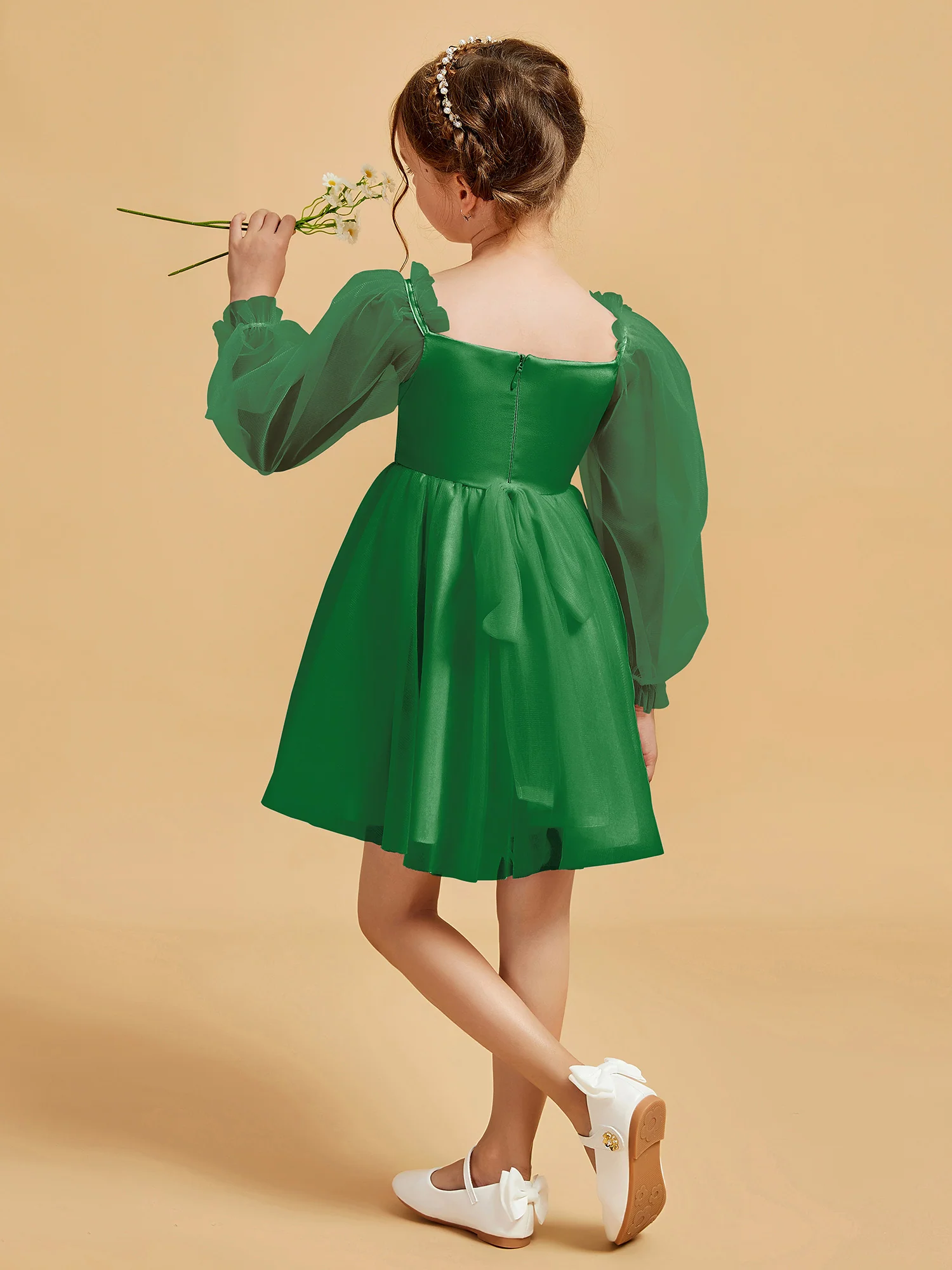 Square Neck Long Sleeve Girl's Short Dress Emerald - Image 2
