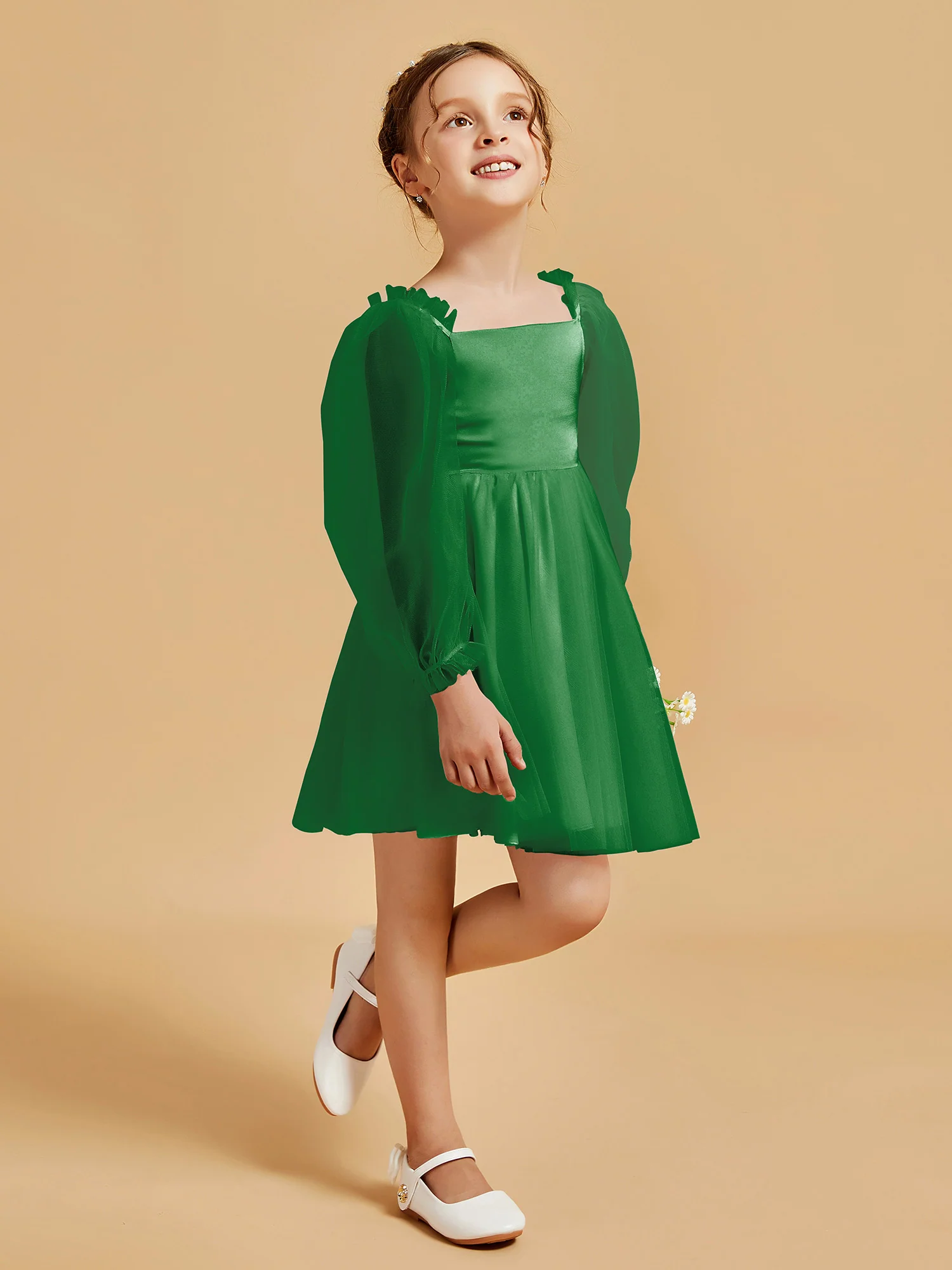 Square Neck Long Sleeve Girl's Short Dress Emerald - Image 3