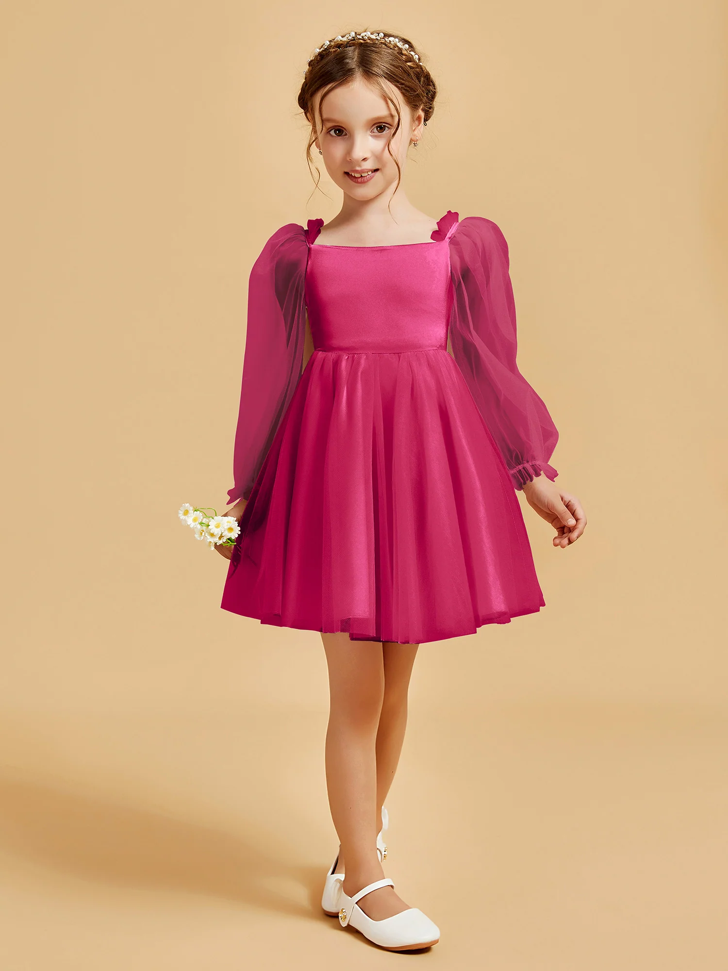 Square Neck Long Sleeve Girl's Short Dress Fuchsia