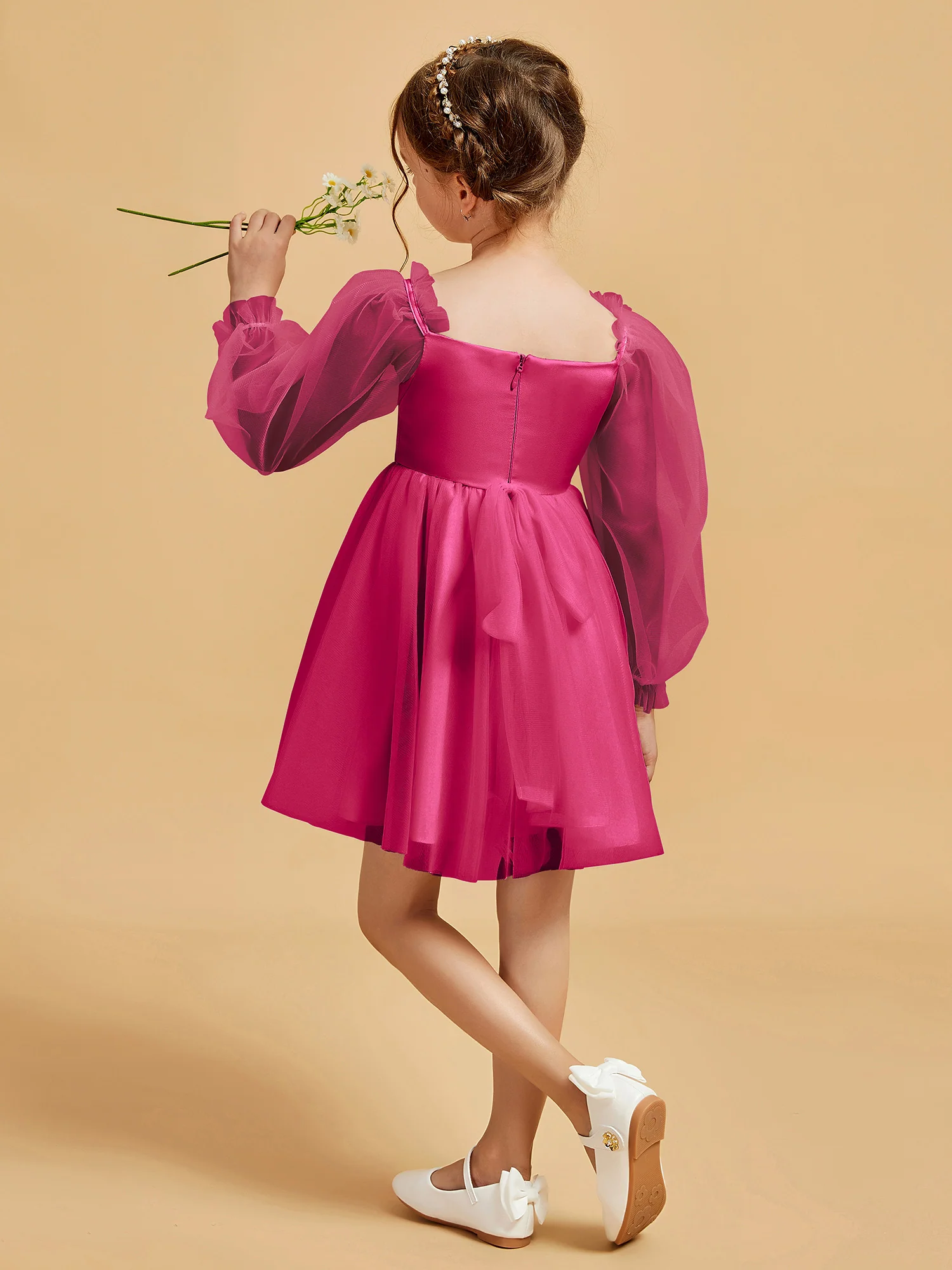 Square Neck Long Sleeve Girl's Short Dress Fuchsia - Image 2
