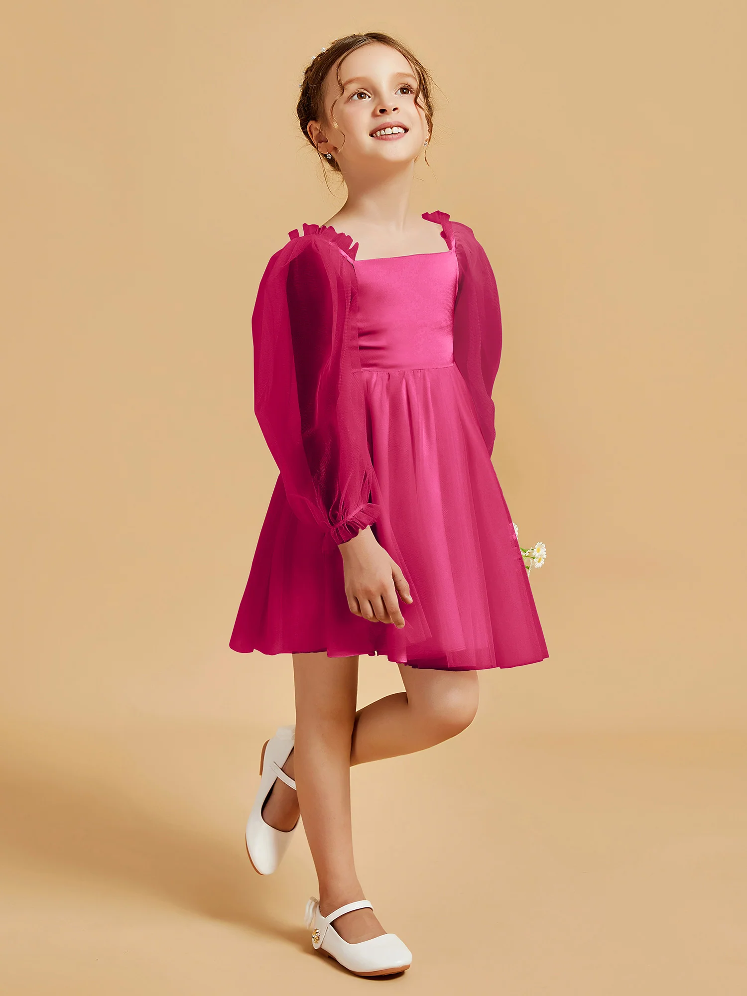 Square Neck Long Sleeve Girl's Short Dress Fuchsia - Image 3