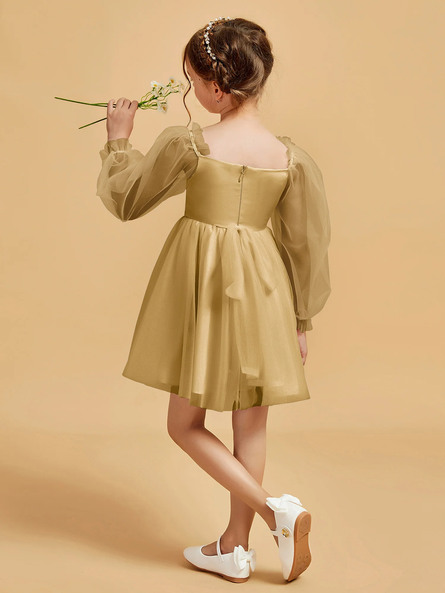 Square Neck Long Sleeve Girl's Short Dress Gold - Image 2