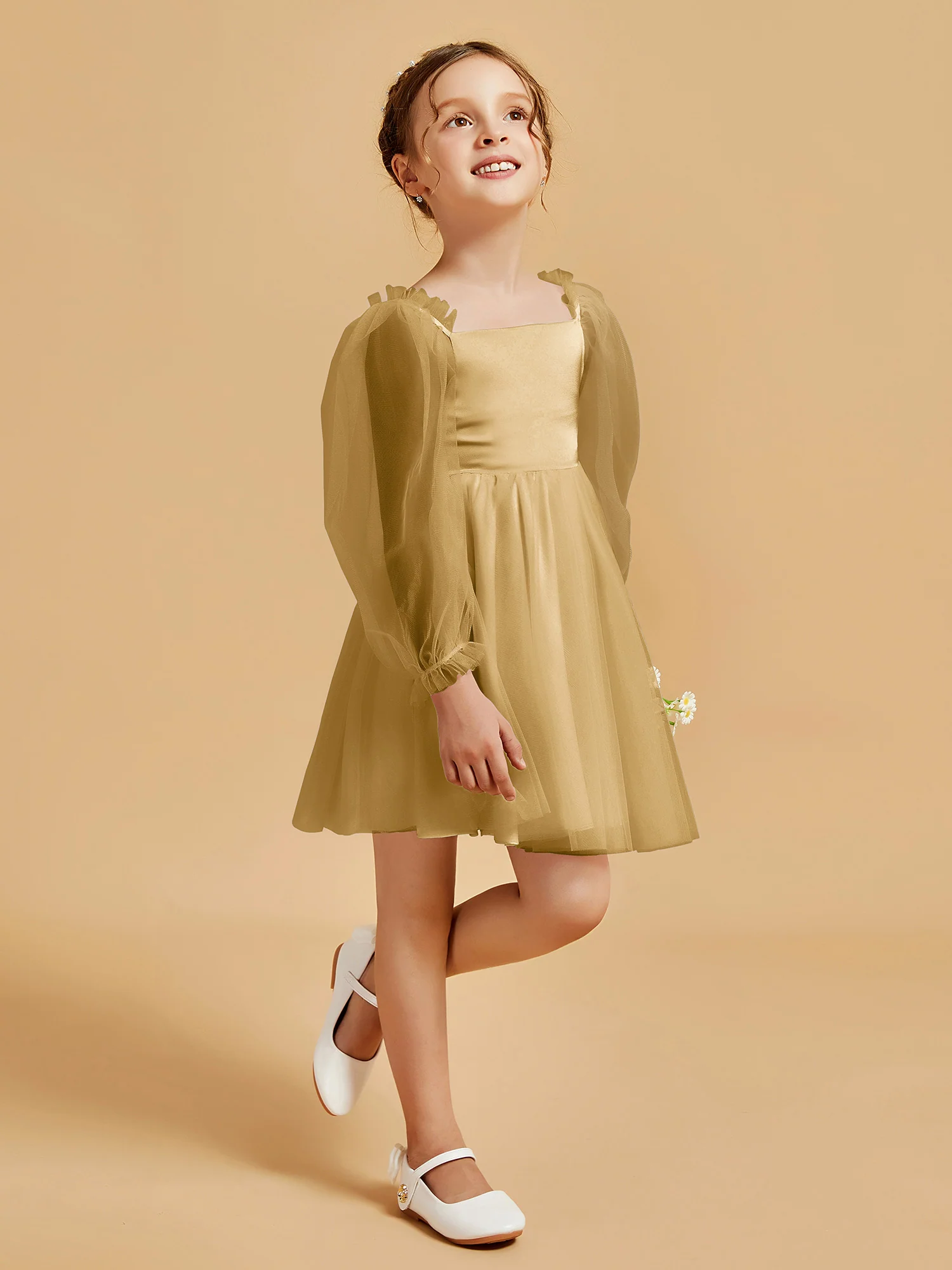 Square Neck Long Sleeve Girl's Short Dress Gold - Image 3