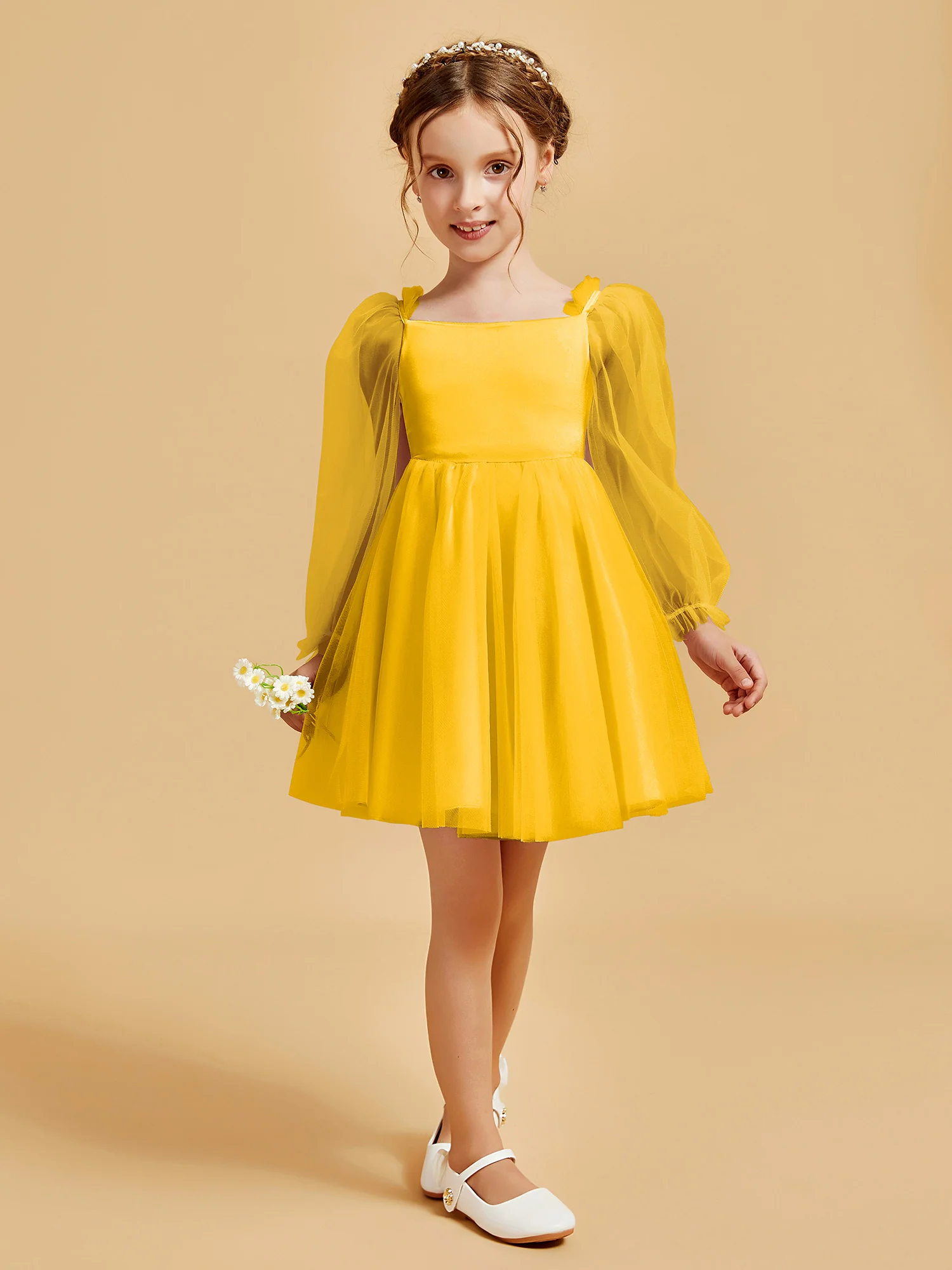 Square Neck Long Sleeve Girl's Short Dress Marigold