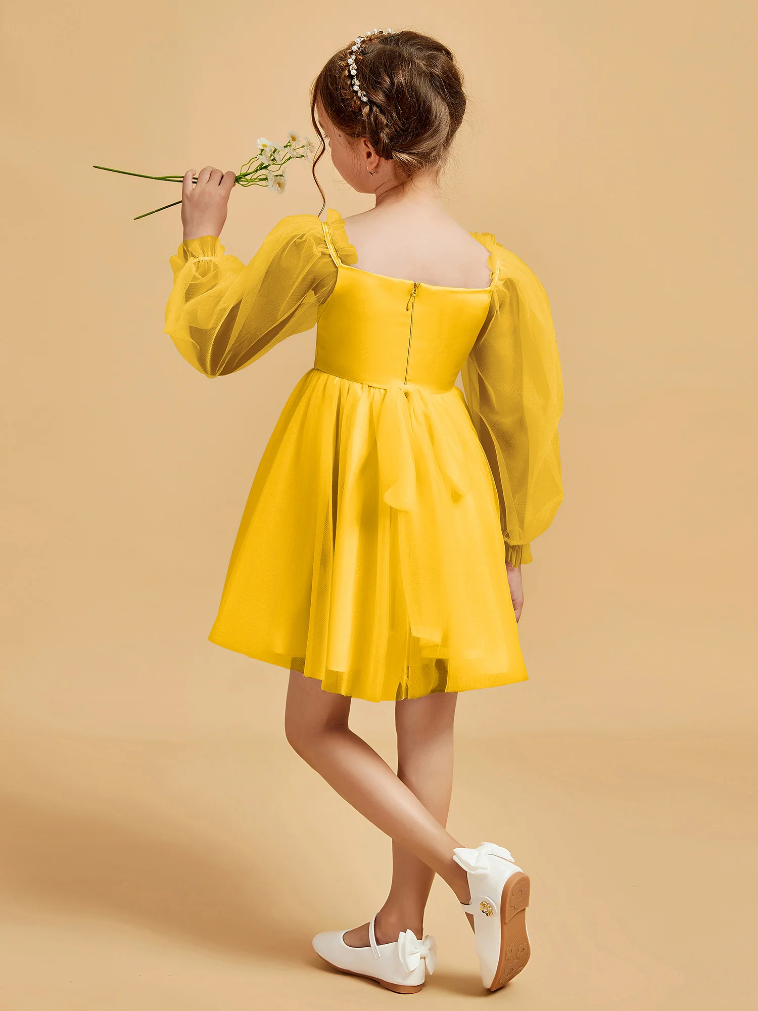 Square Neck Long Sleeve Girl's Short Dress Marigold - Image 2
