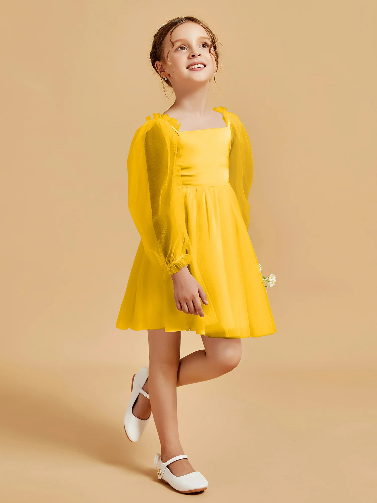 Square Neck Long Sleeve Girl's Short Dress Marigold - Image 3