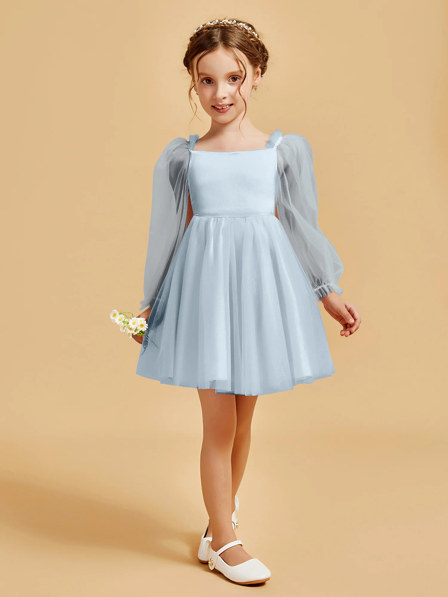 Square Neck Long Sleeve Girl's Short Dress Mist