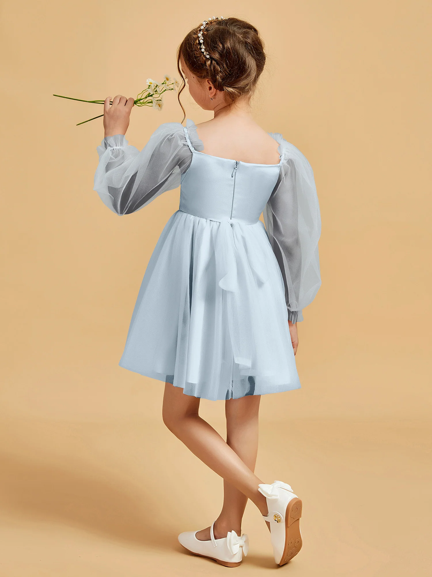 Square Neck Long Sleeve Girl's Short Dress Mist - Image 2