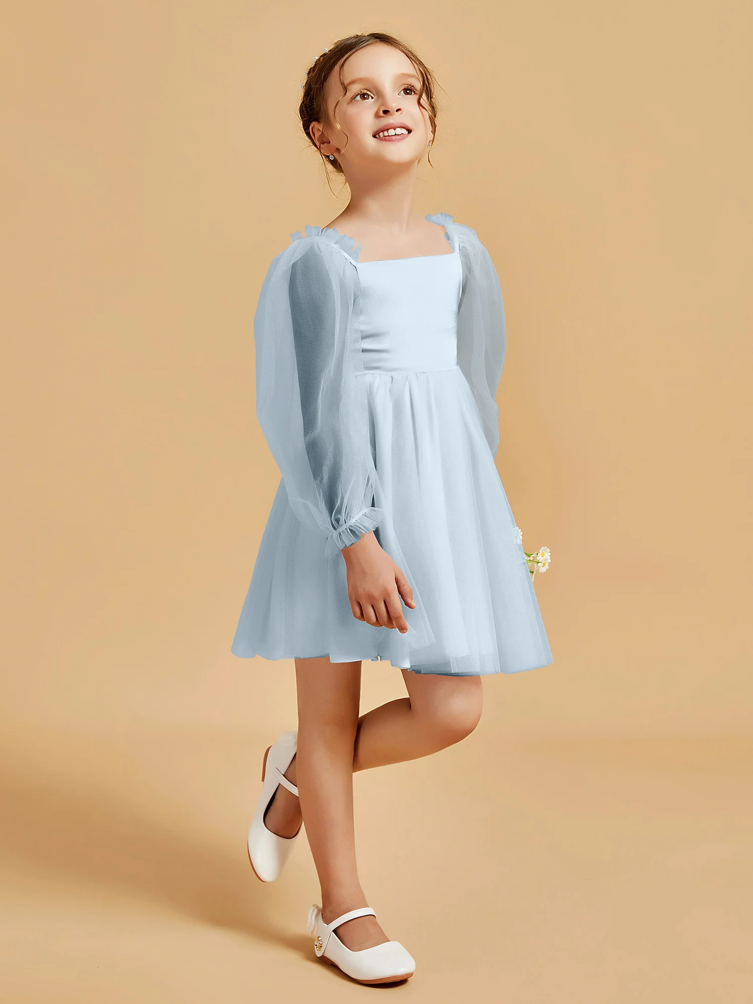 Square Neck Long Sleeve Girl's Short Dress Mist - Image 3
