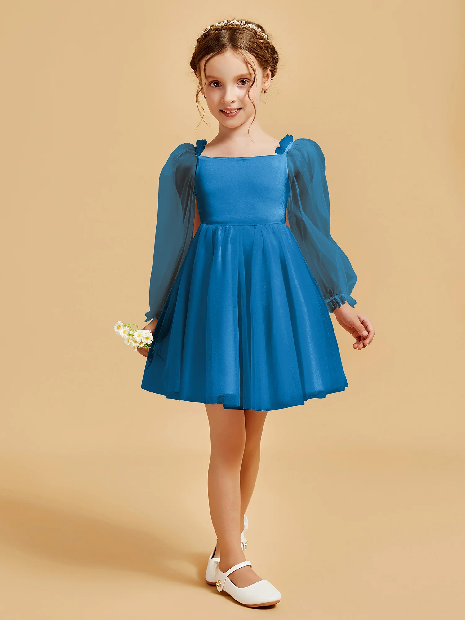 Square Neck Long Sleeve Girl's Short Dress Ocean Blue