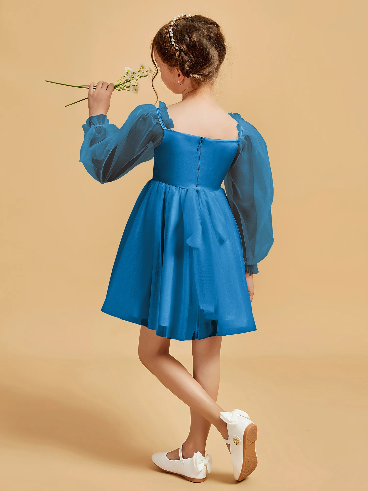 Square Neck Long Sleeve Girl's Short Dress Ocean Blue - Image 2