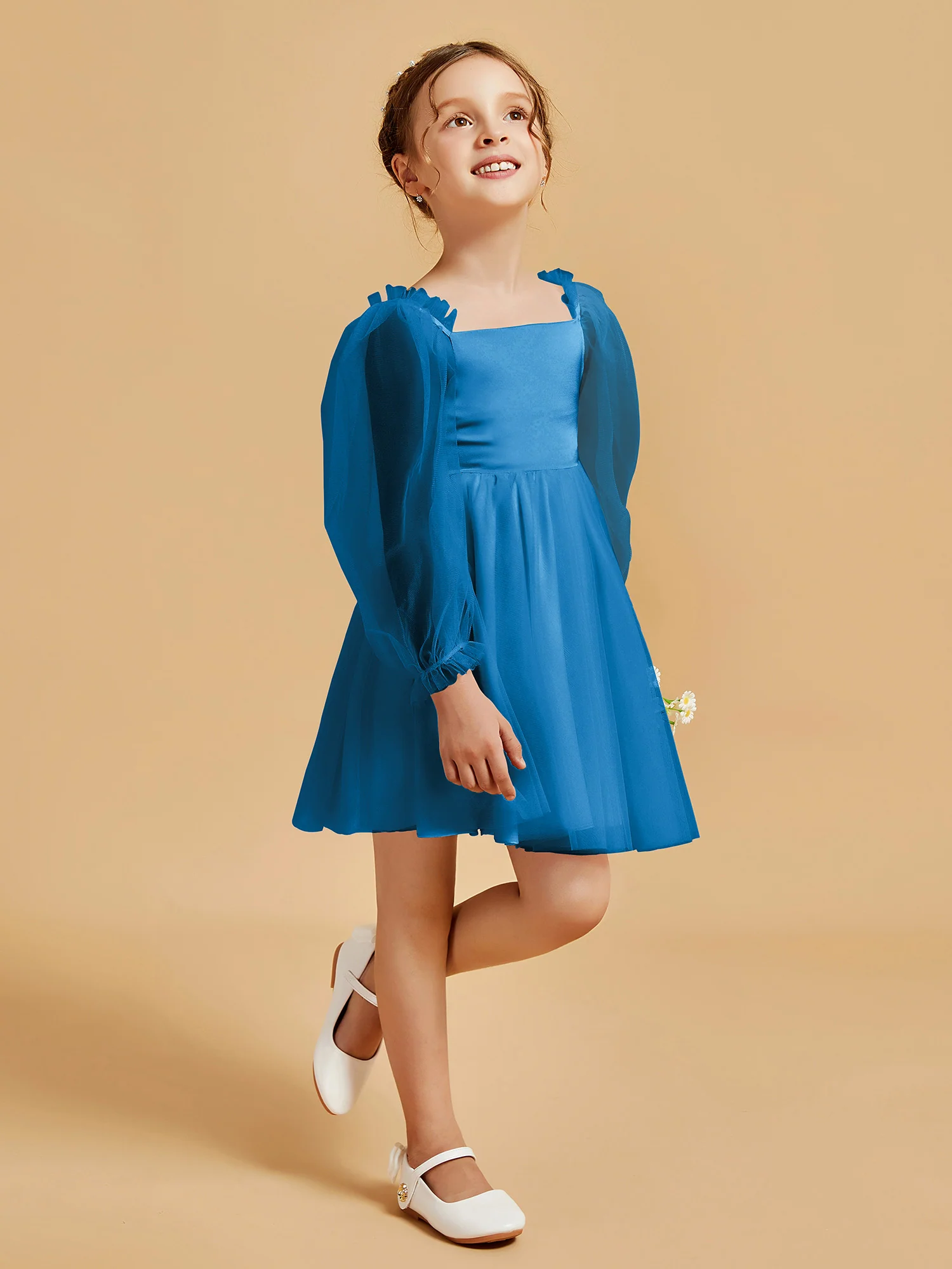 Square Neck Long Sleeve Girl's Short Dress Ocean Blue - Image 3