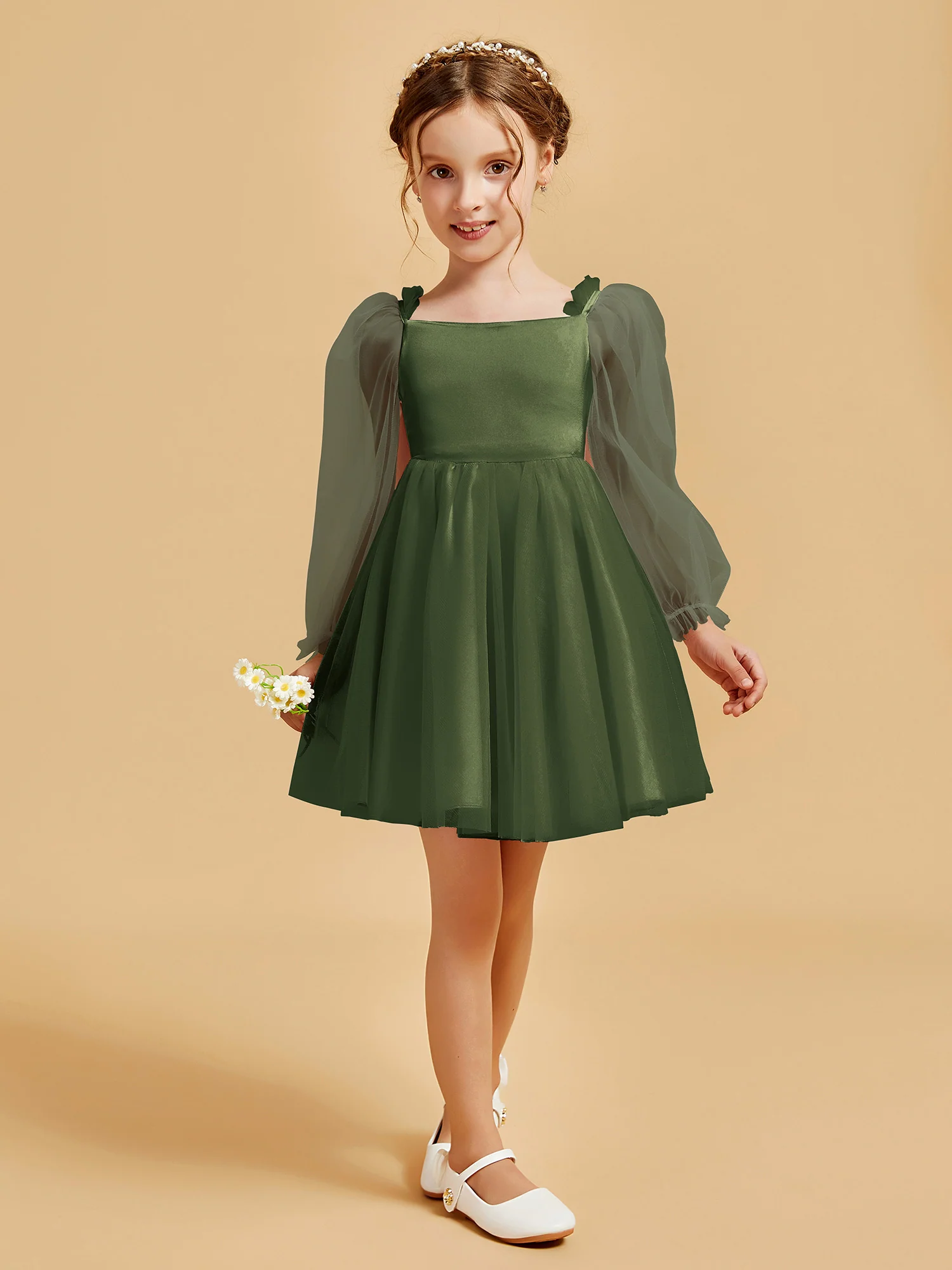 Square Neck Long Sleeve Girl's Short Dress Olive Green