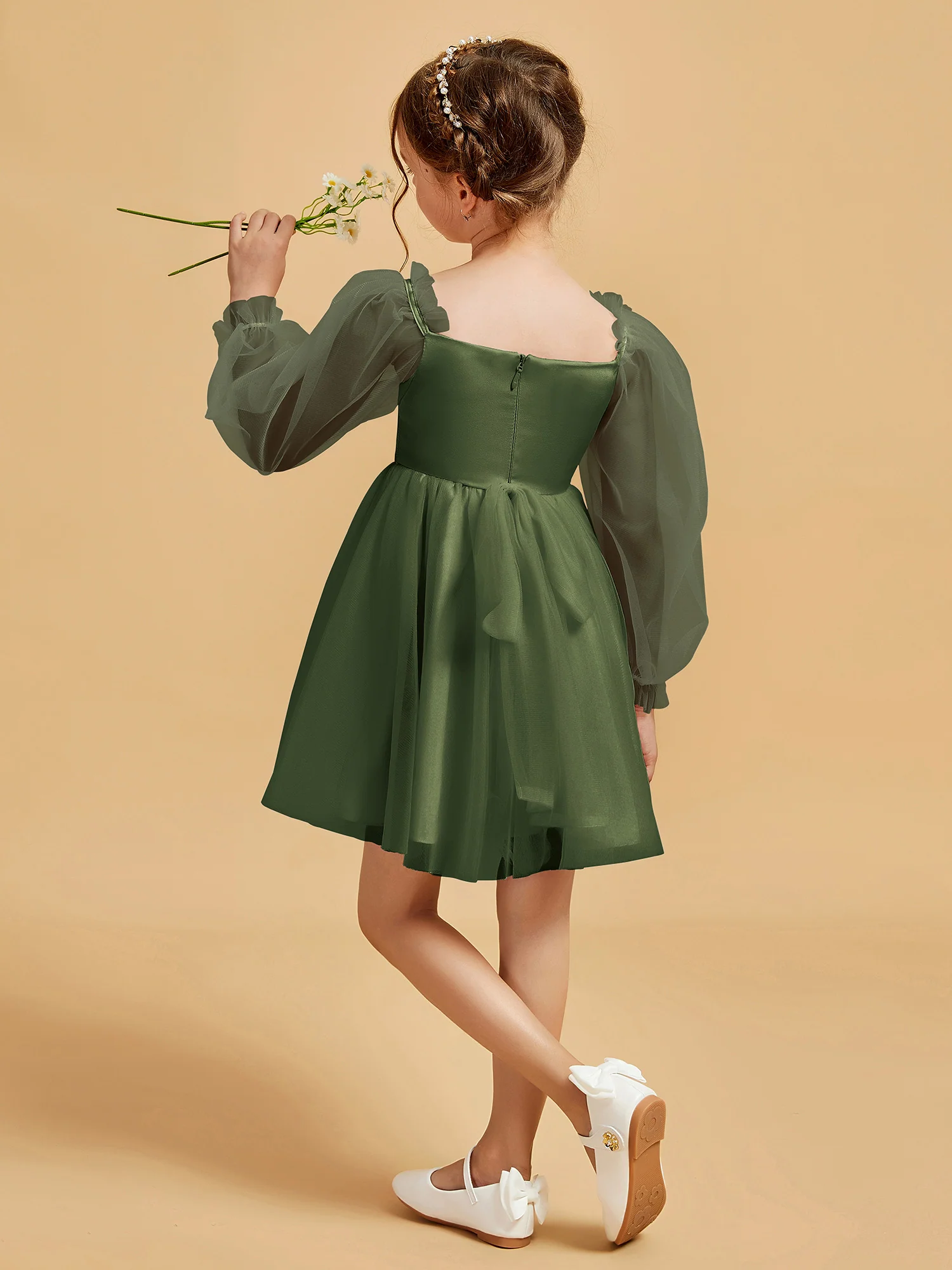 Square Neck Long Sleeve Girl's Short Dress Olive Green - Image 2