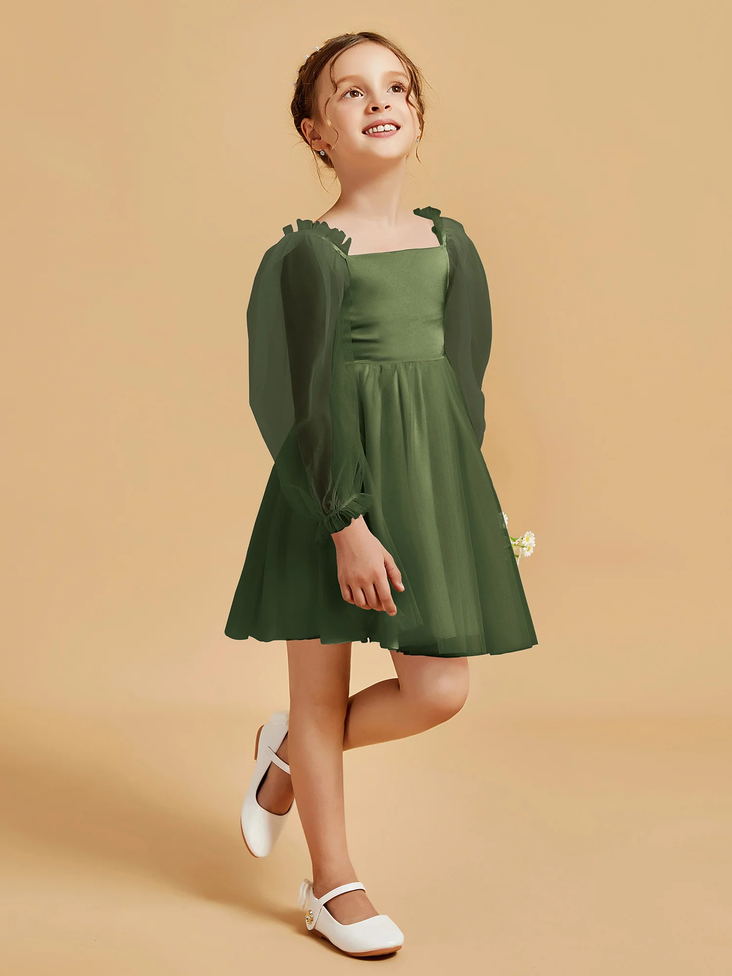 Square Neck Long Sleeve Girl's Short Dress Olive Green - Image 3
