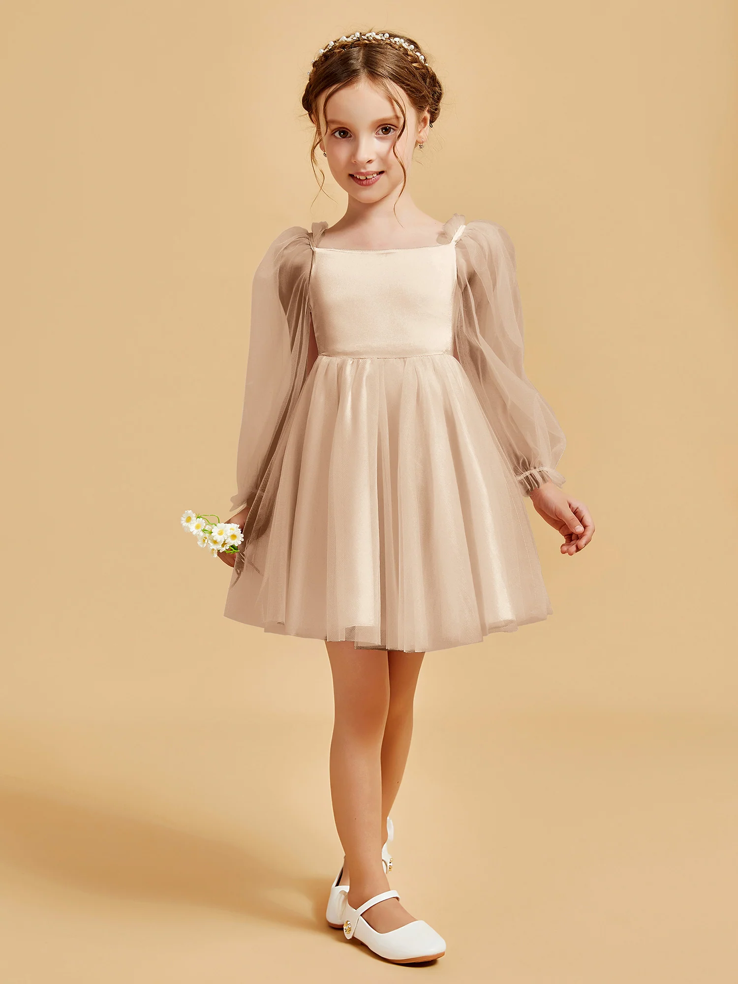 Square Neck Long Sleeve Girl's Short Dress Peach