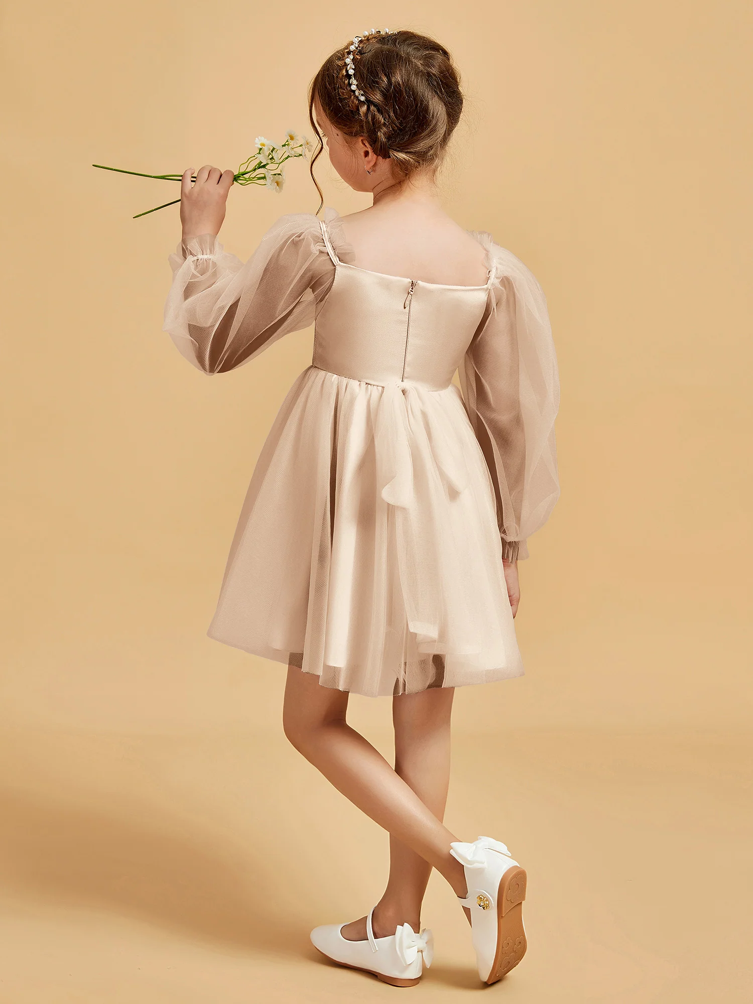 Square Neck Long Sleeve Girl's Short Dress Peach - Image 2