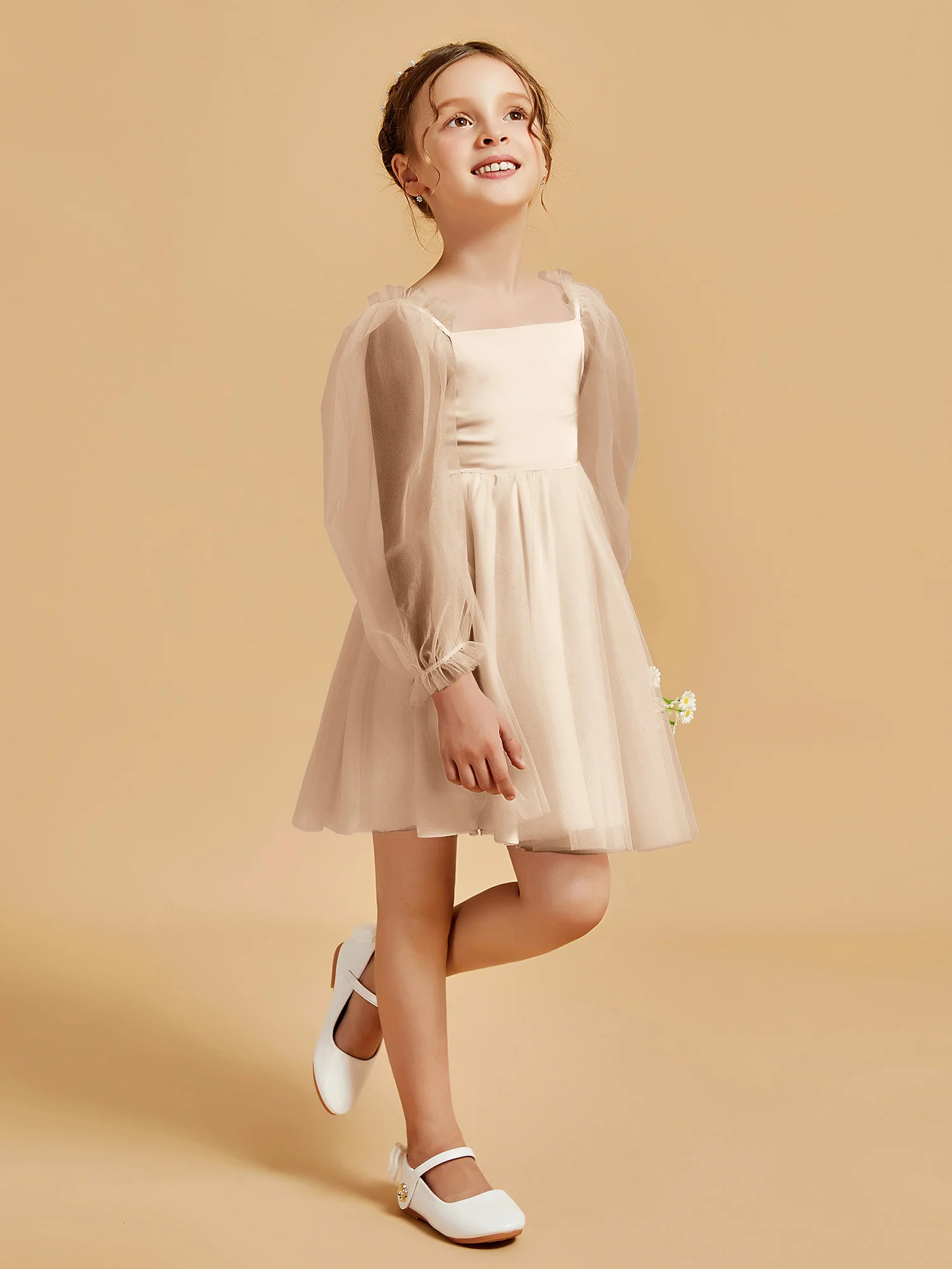 Square Neck Long Sleeve Girl's Short Dress Peach - Image 3