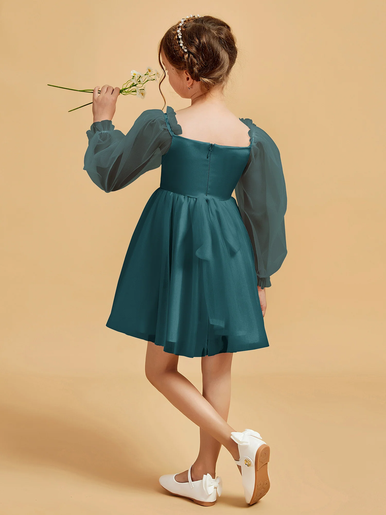 Square Neck Long Sleeve Girl's Short Dress Peacock - Image 2