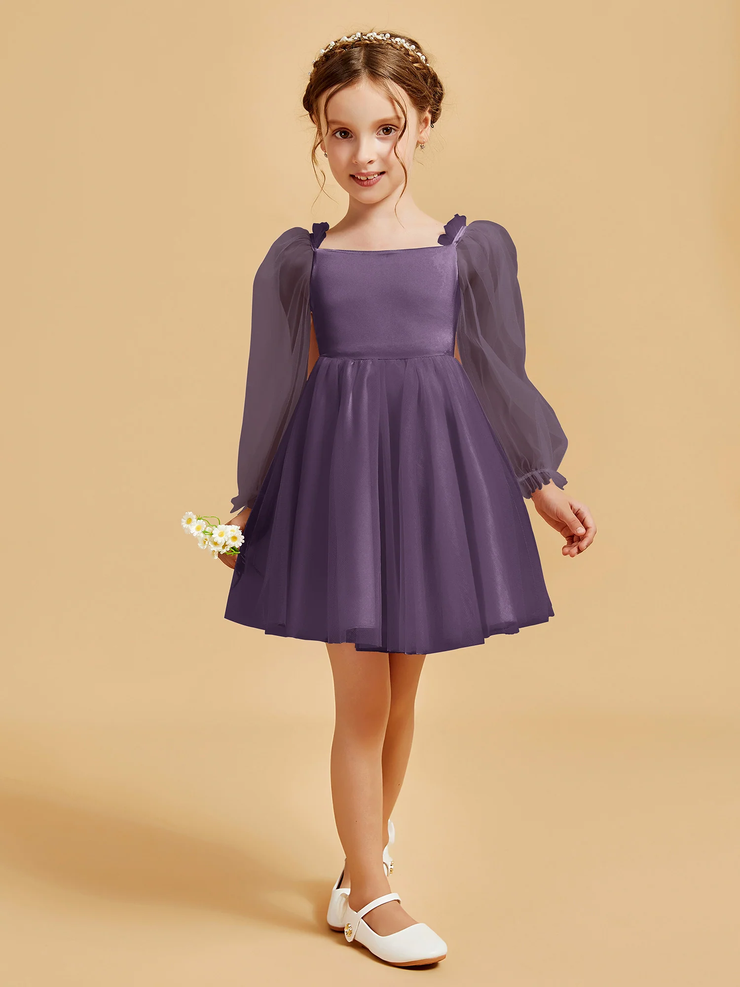 Square Neck Long Sleeve Girl's Short Dress Plum