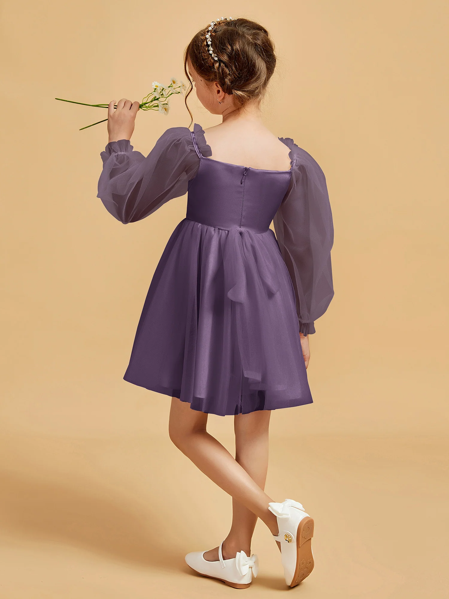 Square Neck Long Sleeve Girl's Short Dress Plum - Image 2