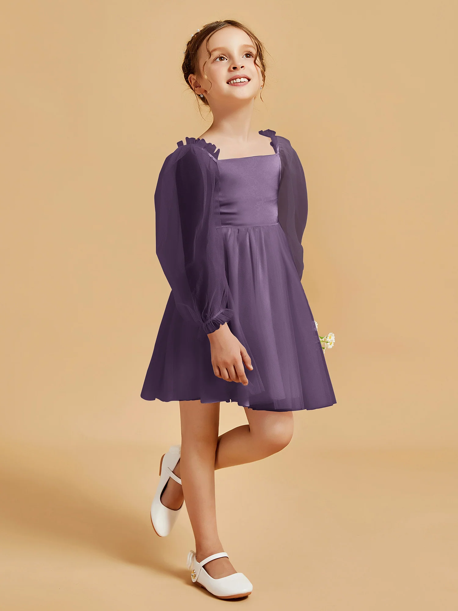 Square Neck Long Sleeve Girl's Short Dress Plum - Image 3