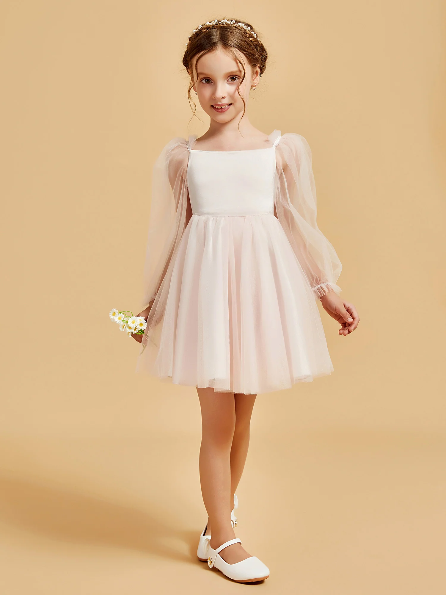 Square Neck Long Sleeve Girl's Short Dress Rose Petal