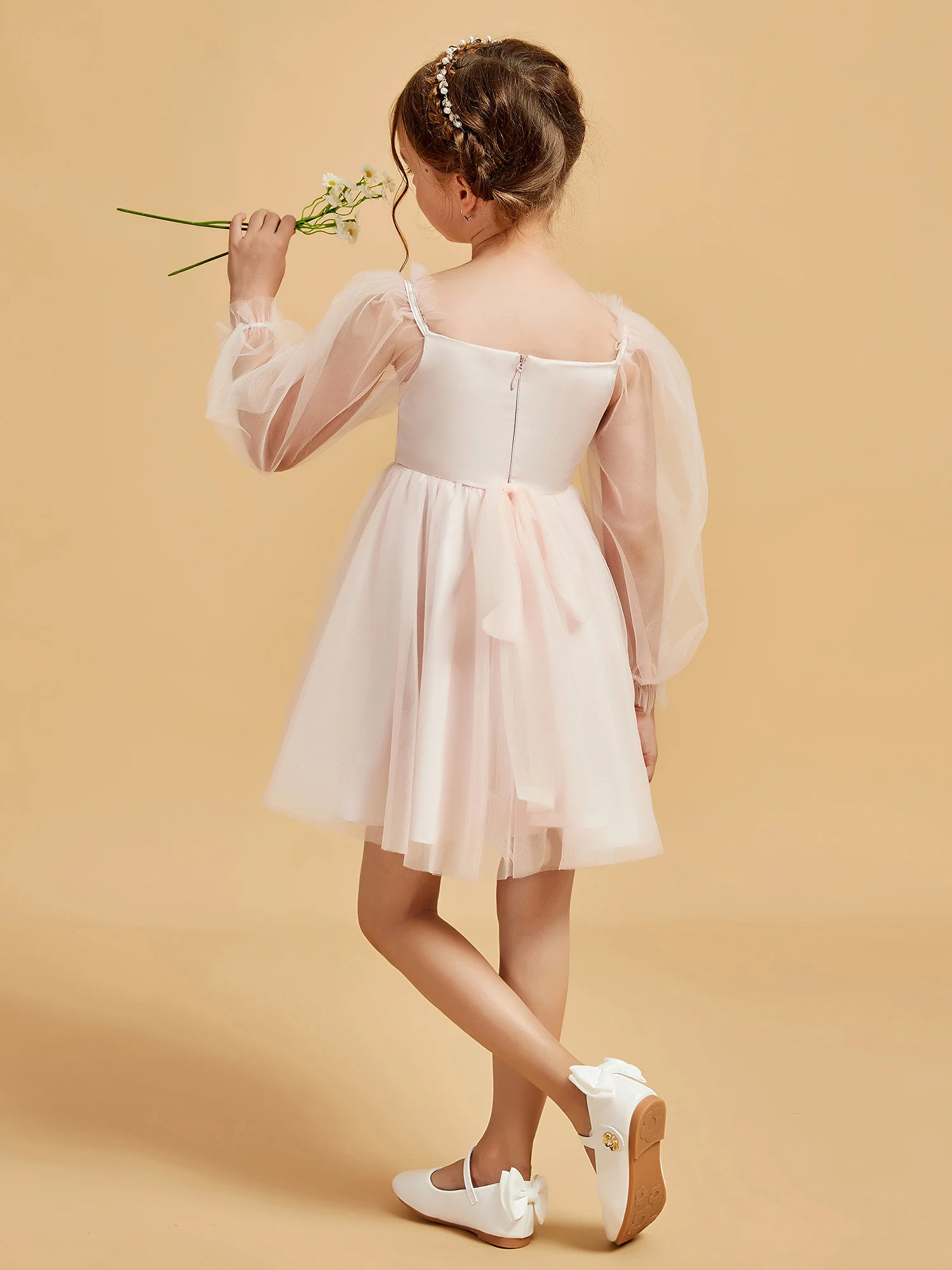 Square Neck Long Sleeve Girl's Short Dress Rose Petal - Image 2