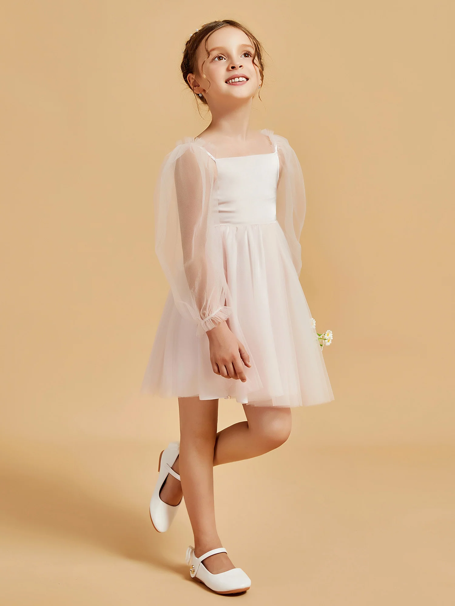 Square Neck Long Sleeve Girl's Short Dress Rose Petal - Image 3