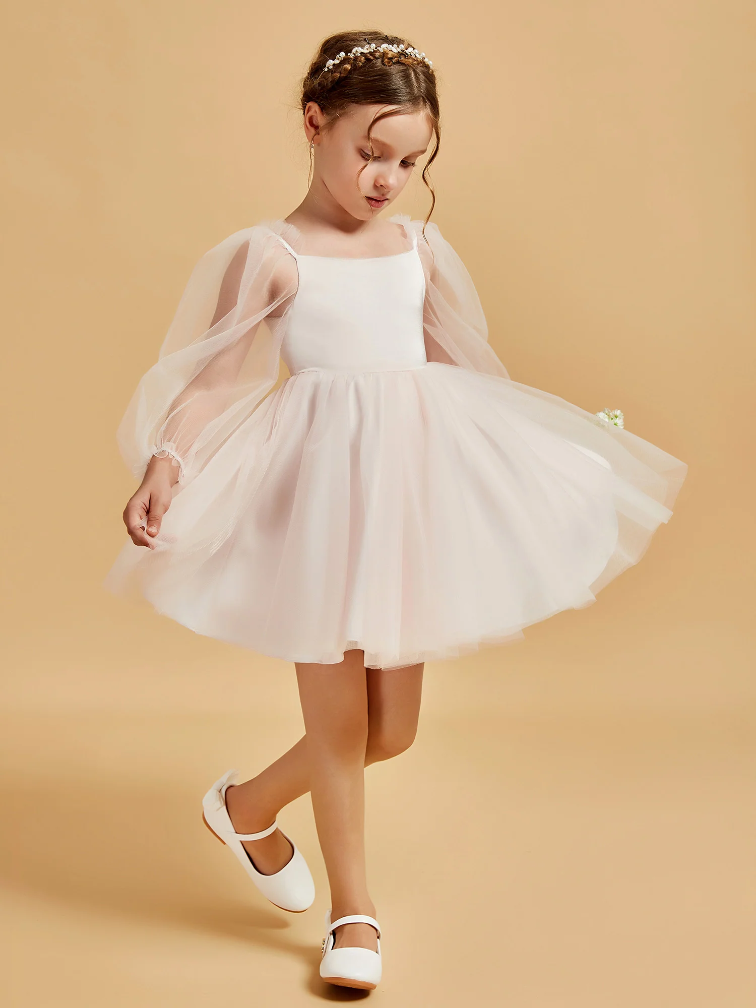 Square Neck Long Sleeve Girl's Short Dress Rose Petal - Image 4