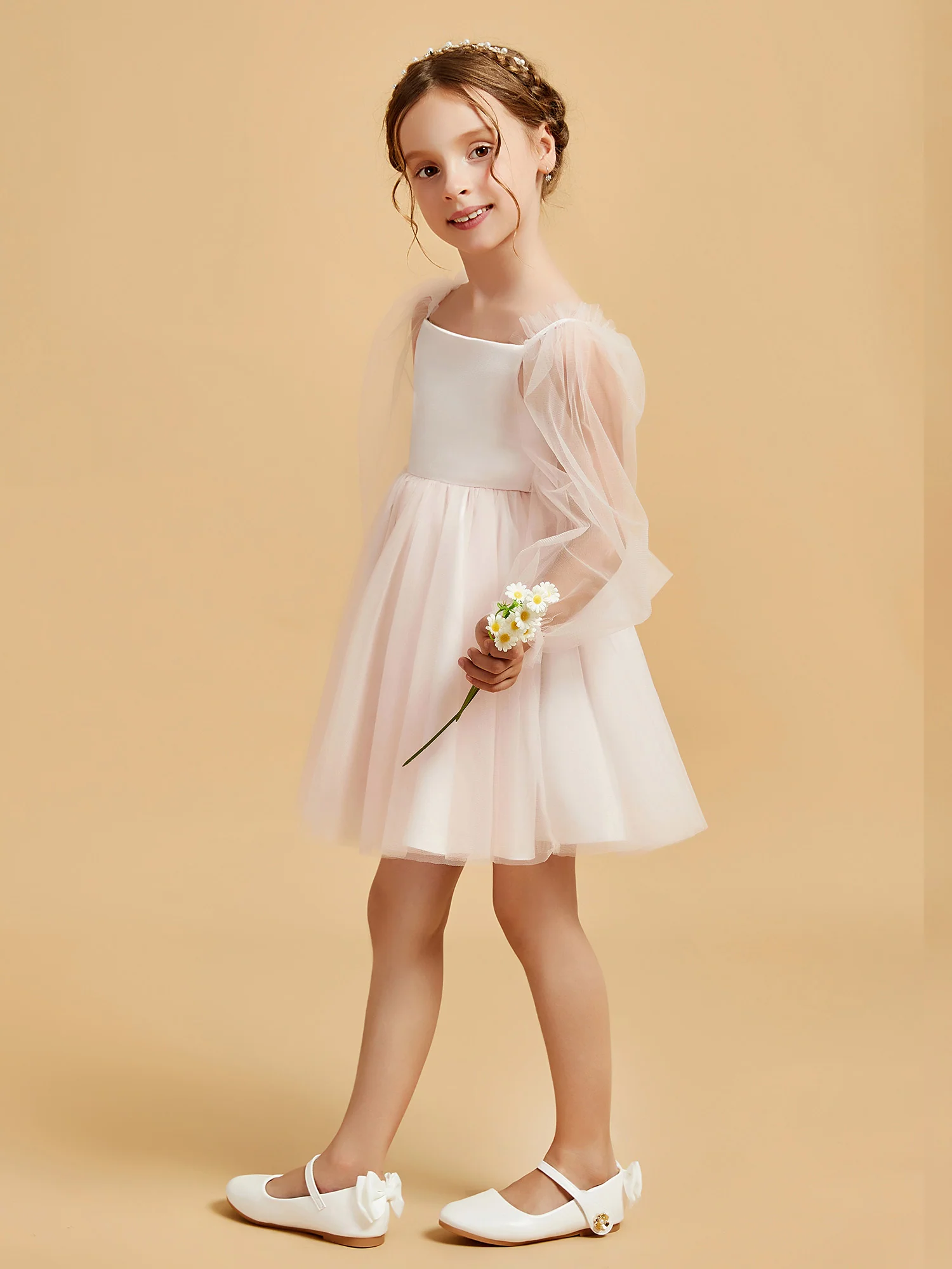 Square Neck Long Sleeve Girl's Short Dress Rose Petal - Image 5